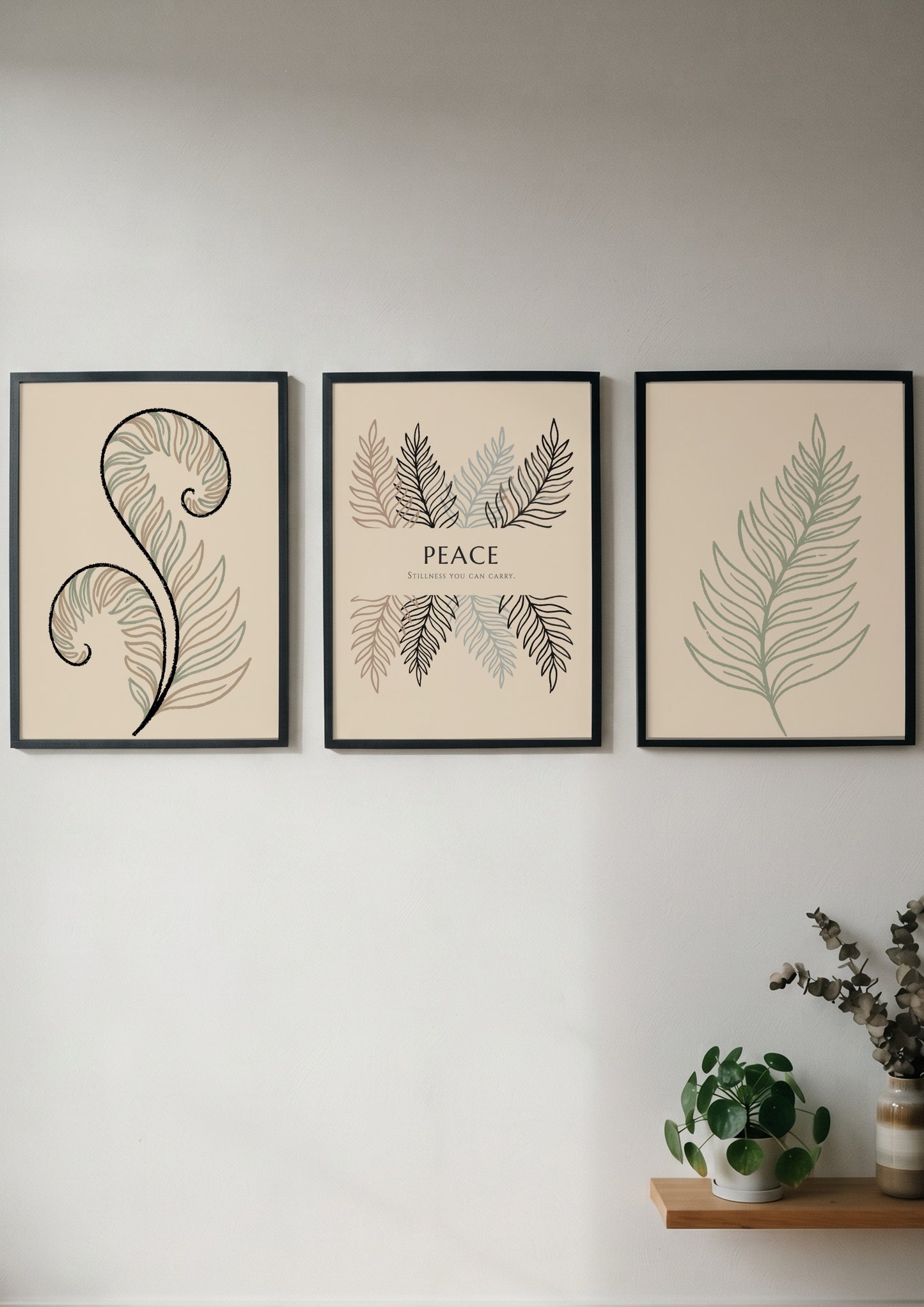 Poster set featuring three fern illustrations and the word Peace on cream background