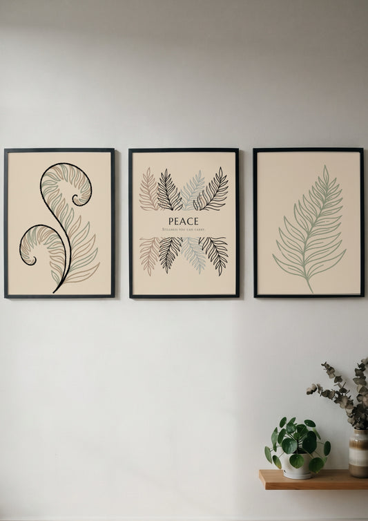 Poster set featuring three fern illustrations and the word Peace on cream background