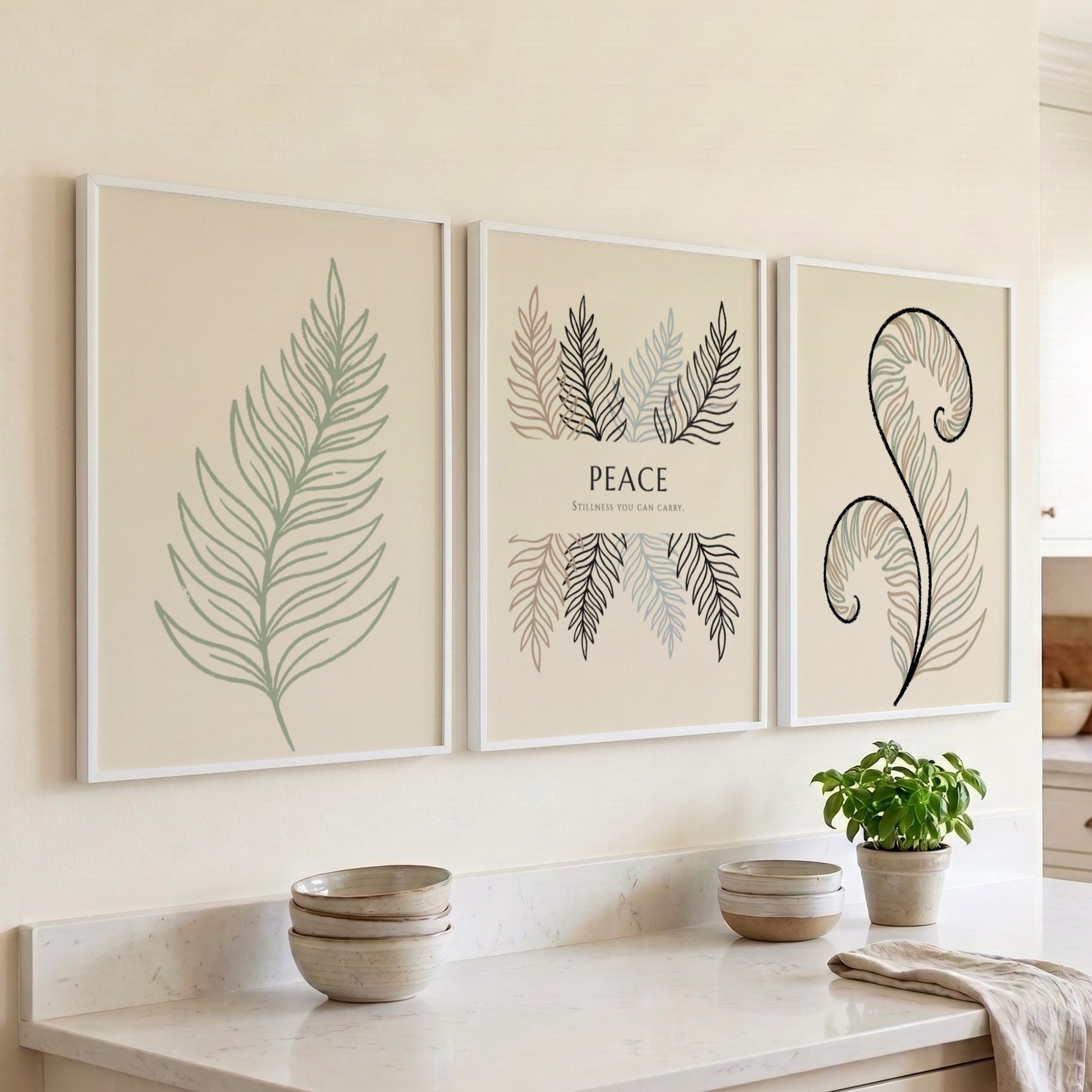 Poster set featuring three fern illustrations and the word Peace on cream background