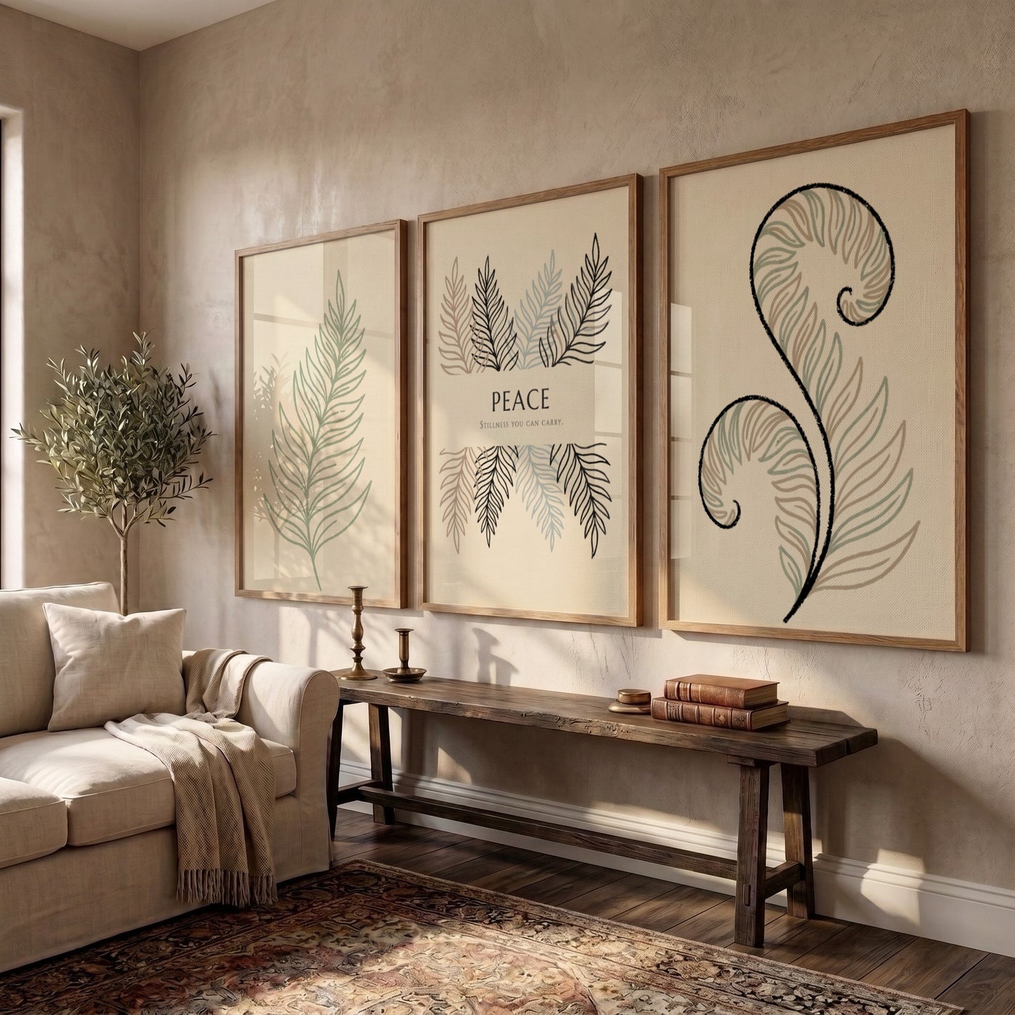 Poster set featuring three fern illustrations and the word Peace on cream background