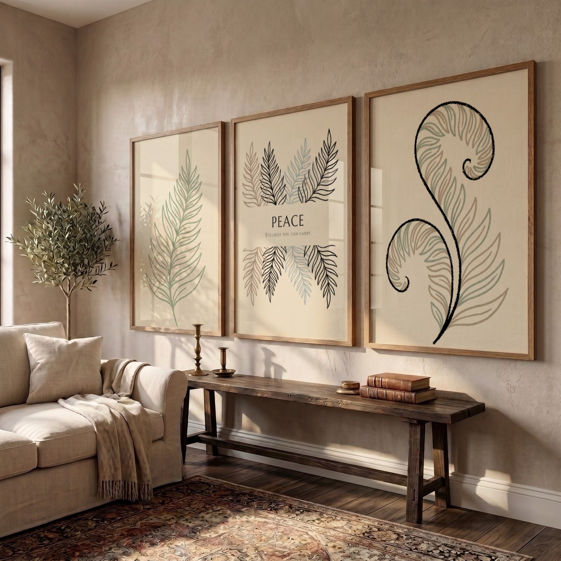 Poster set featuring three fern illustrations and the word Peace on cream background