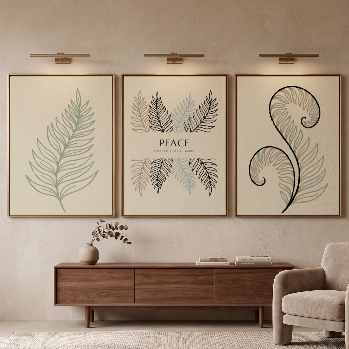 Poster set featuring three fern illustrations and the word Peace on cream background
