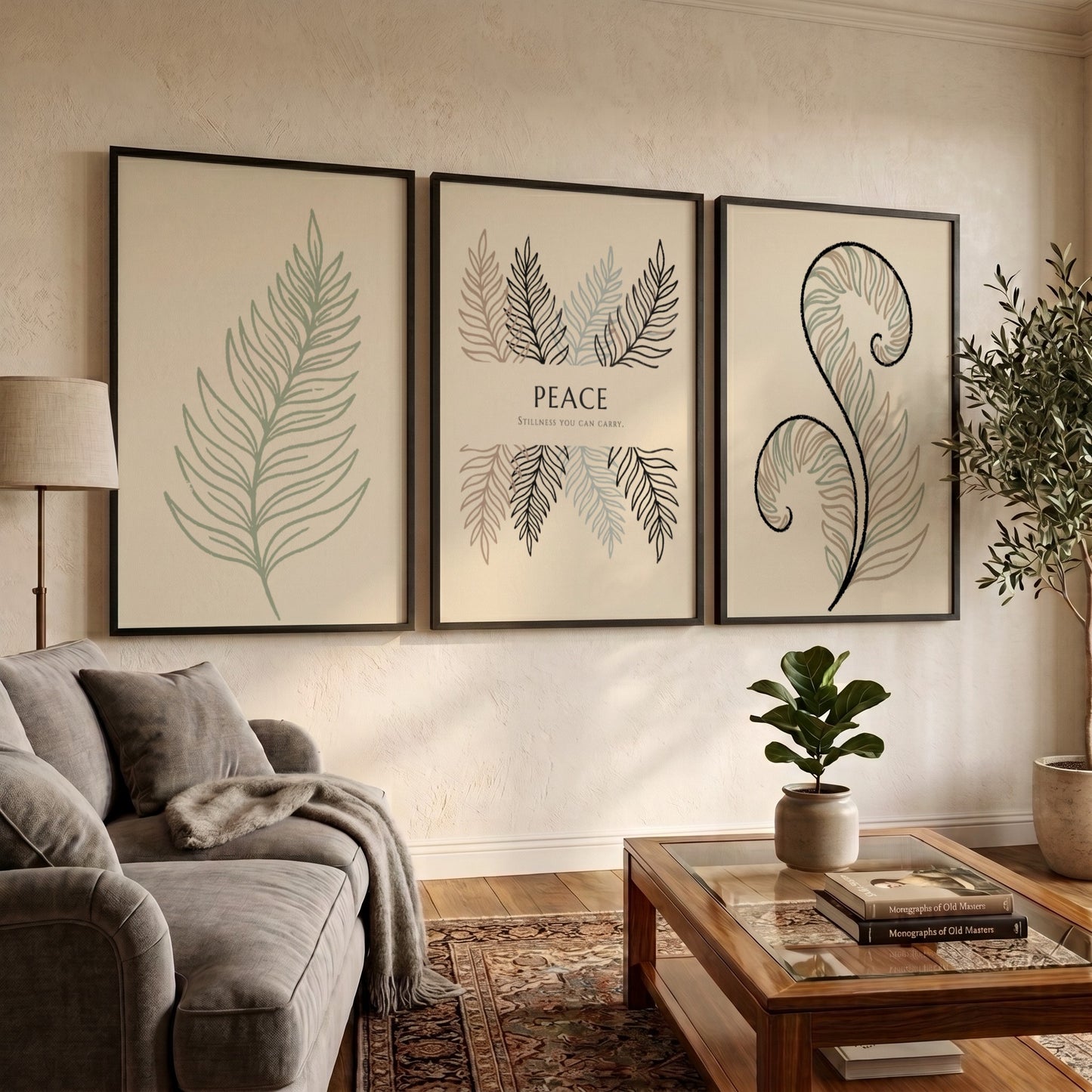 Poster set featuring three fern illustrations and the word Peace on cream background