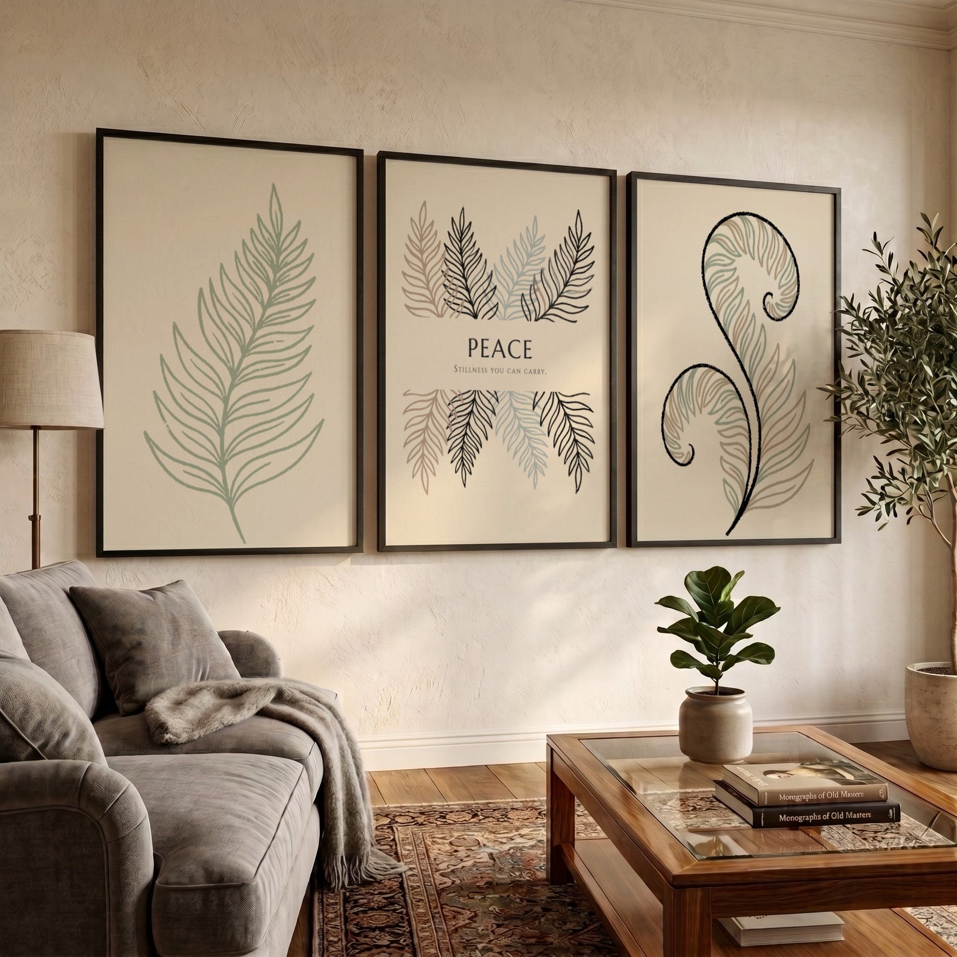 Poster set featuring three fern illustrations and the word Peace on cream background