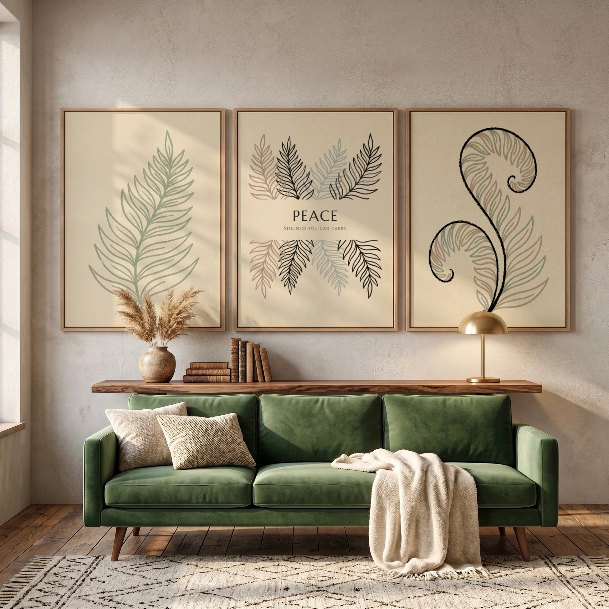 Poster set featuring three fern illustrations and the word Peace on cream background