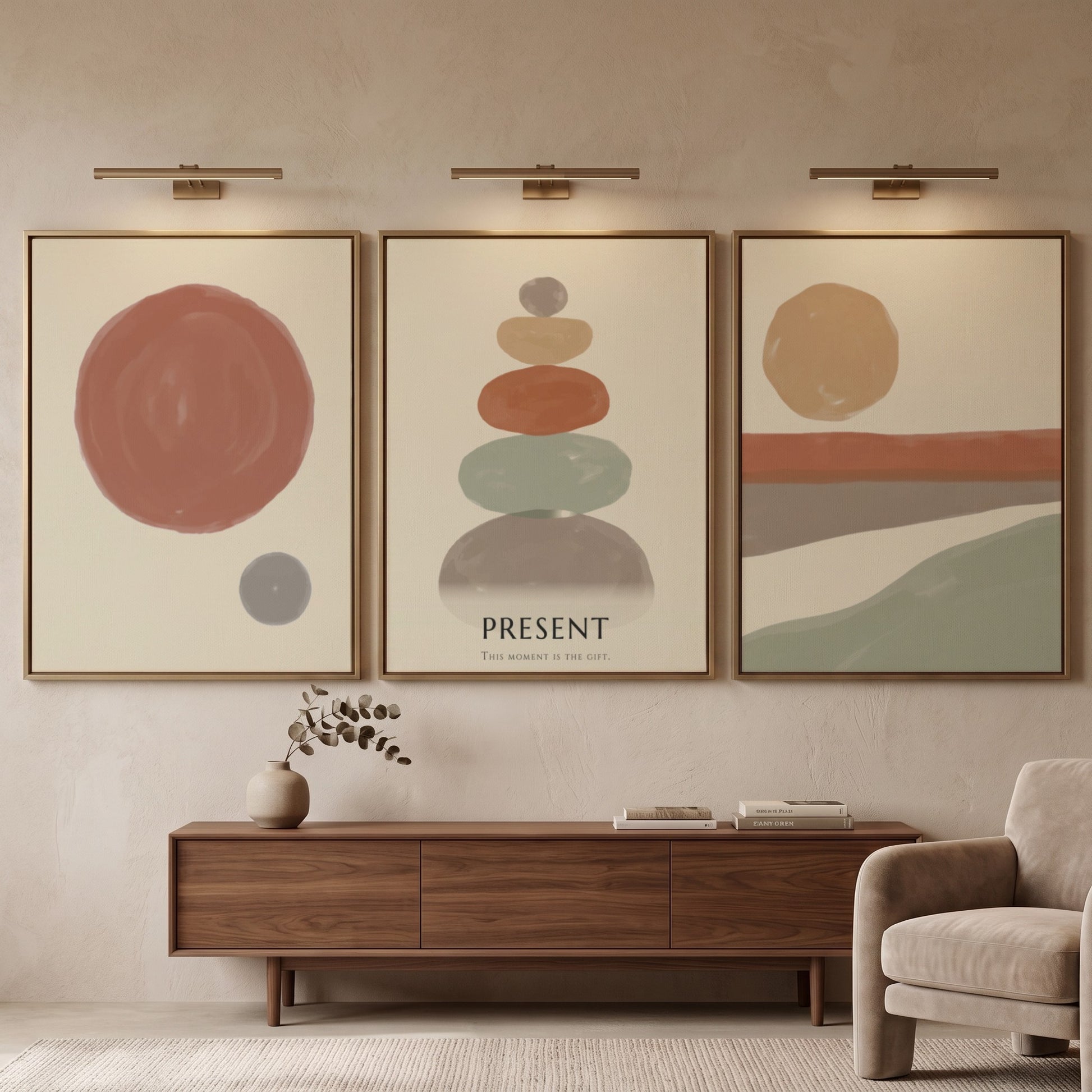 Poster set featuring a boho stone stack with earth tones and minimal circles