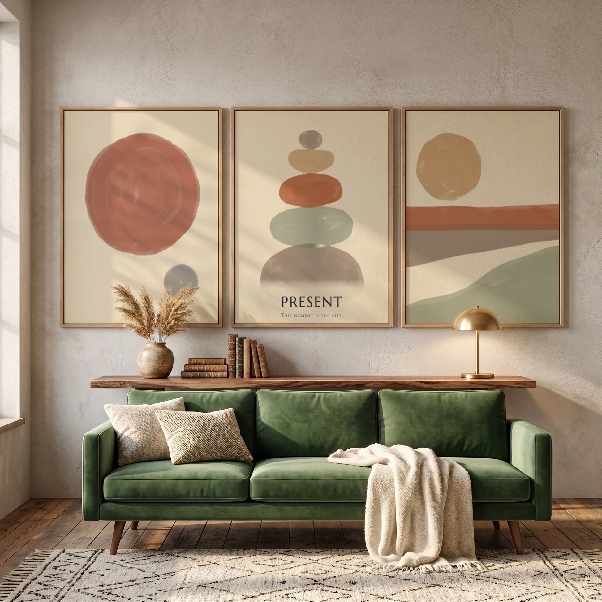 Poster set featuring a boho stone stack with earth tones and minimal circles