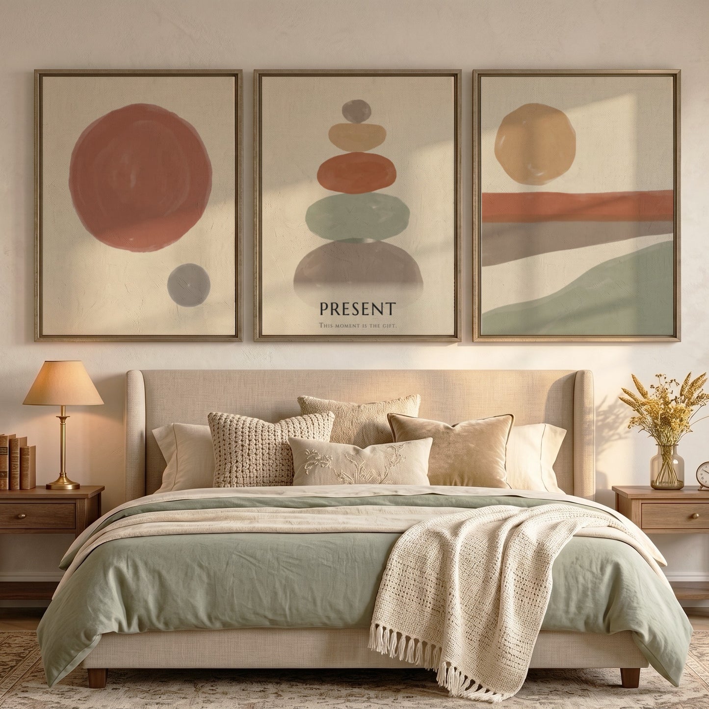 Poster set featuring a boho stone stack with earth tones and minimal circles