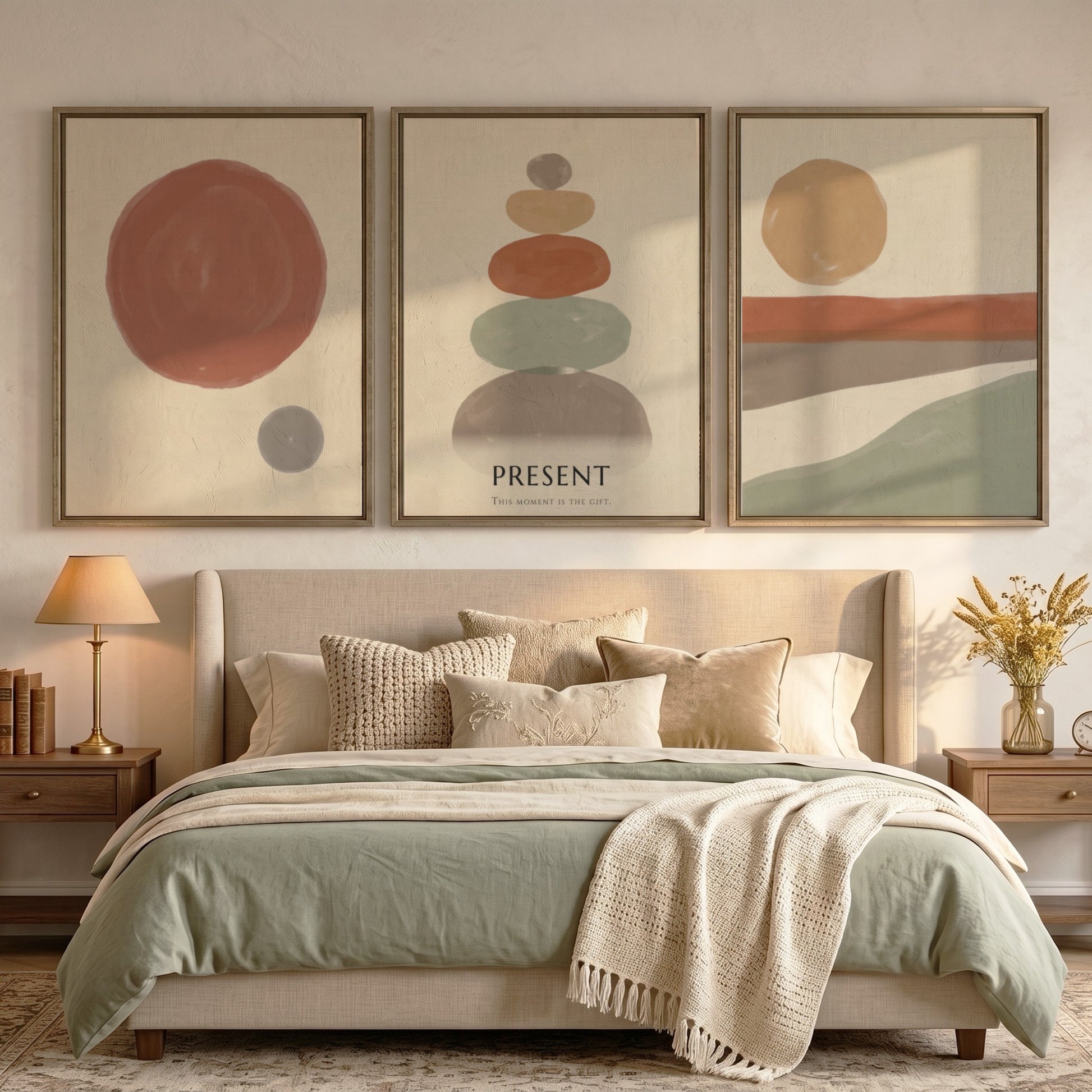 Poster set featuring a boho stone stack with earth tones and minimal circles