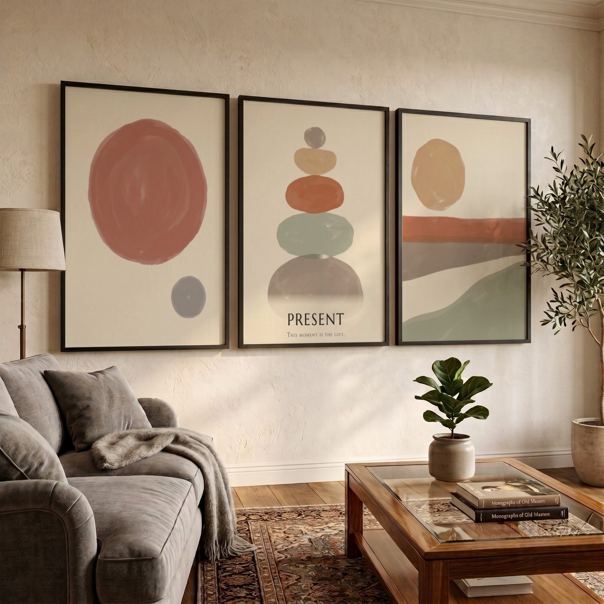 Poster set featuring a boho stone stack with earth tones and minimal circles
