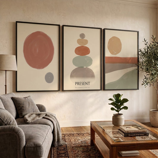 Poster set featuring a boho stone stack with earth tones and minimal circles