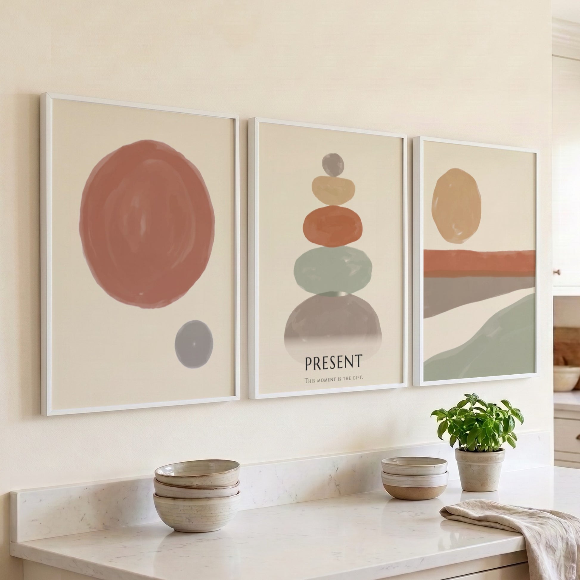 Poster set featuring a boho stone stack with earth tones and minimal circles