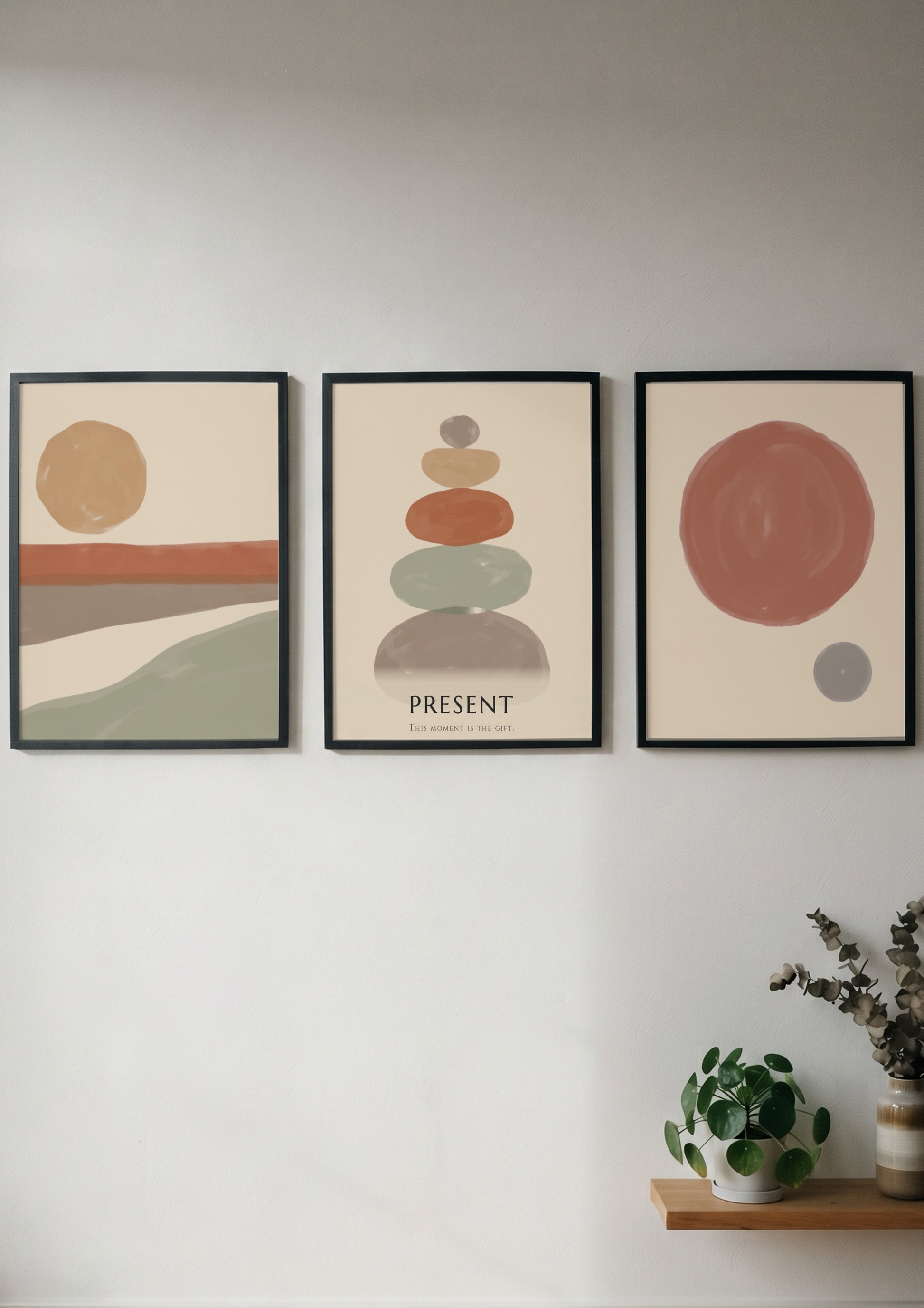 Poster set featuring a boho stone stack with earth tones and minimal circles