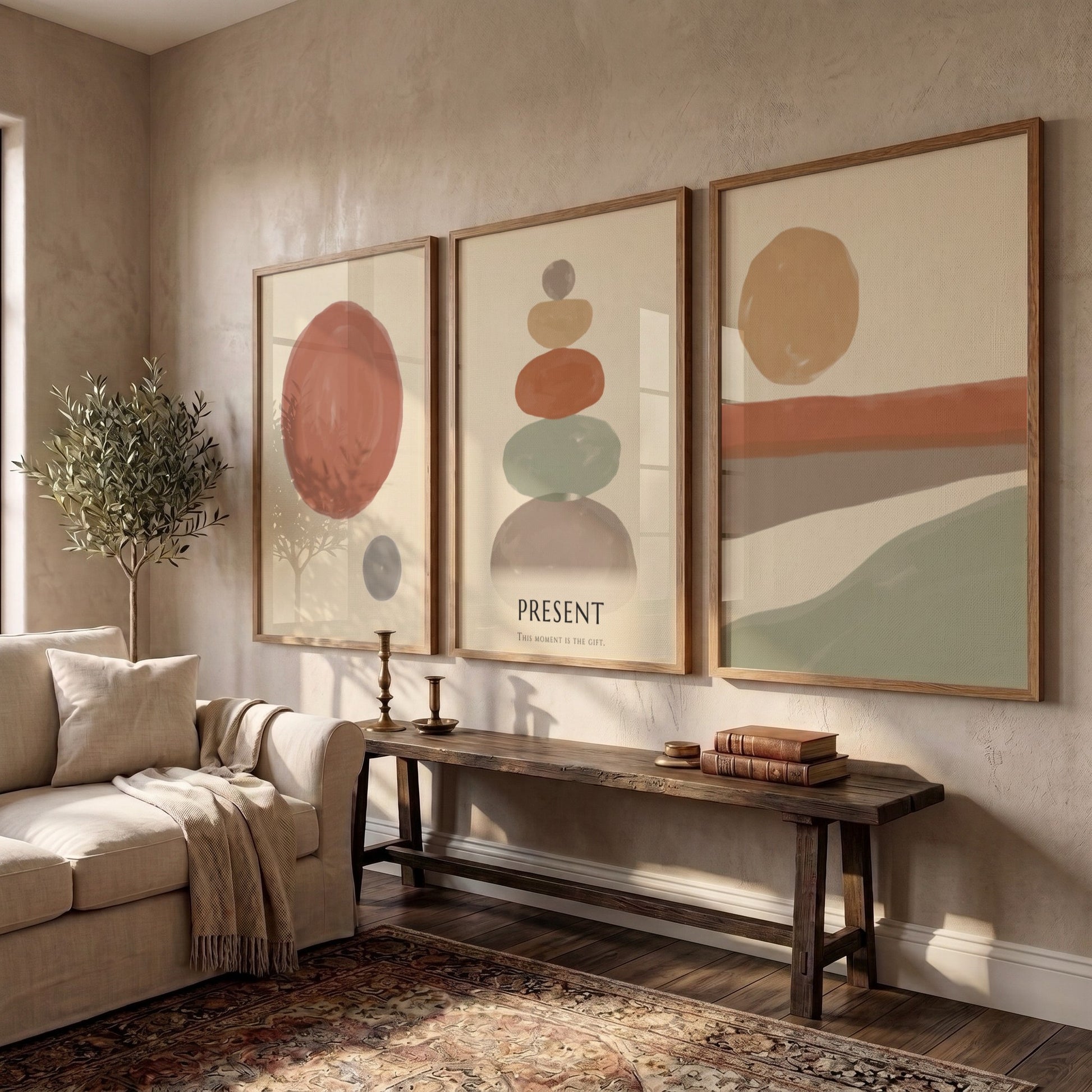 Poster set featuring a boho stone stack with earth tones and minimal circles