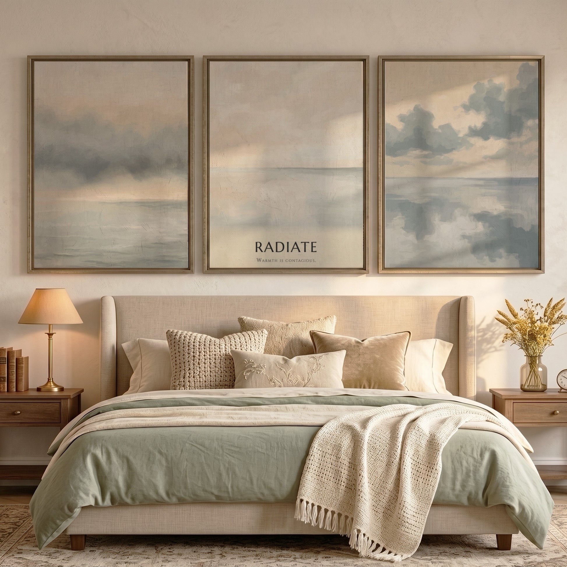 Poster featuring a minimalist coastal landscape with soft grey clouds over calm water.