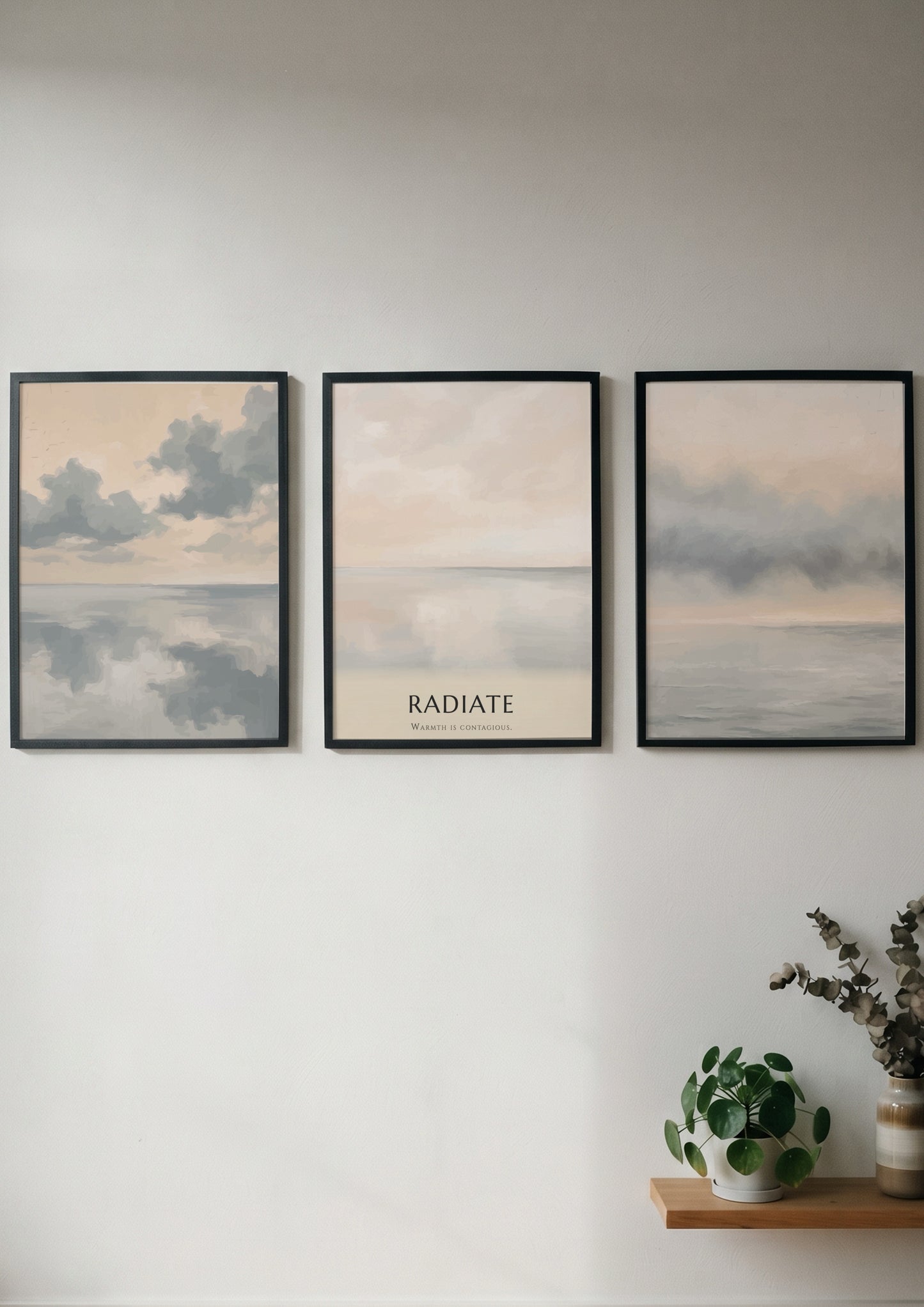 Poster featuring a minimalist coastal landscape with soft grey clouds over calm water.