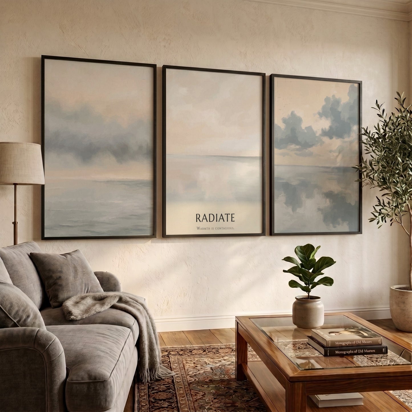 Poster featuring a minimalist coastal landscape with soft grey clouds over calm water.