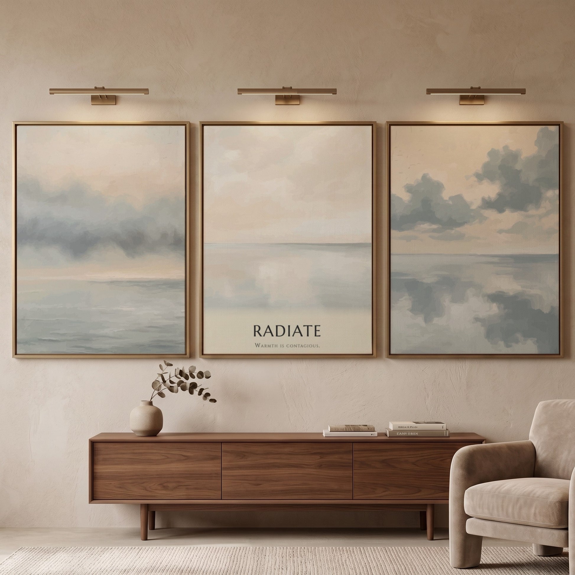 Poster featuring a minimalist coastal landscape with soft grey clouds over calm water.