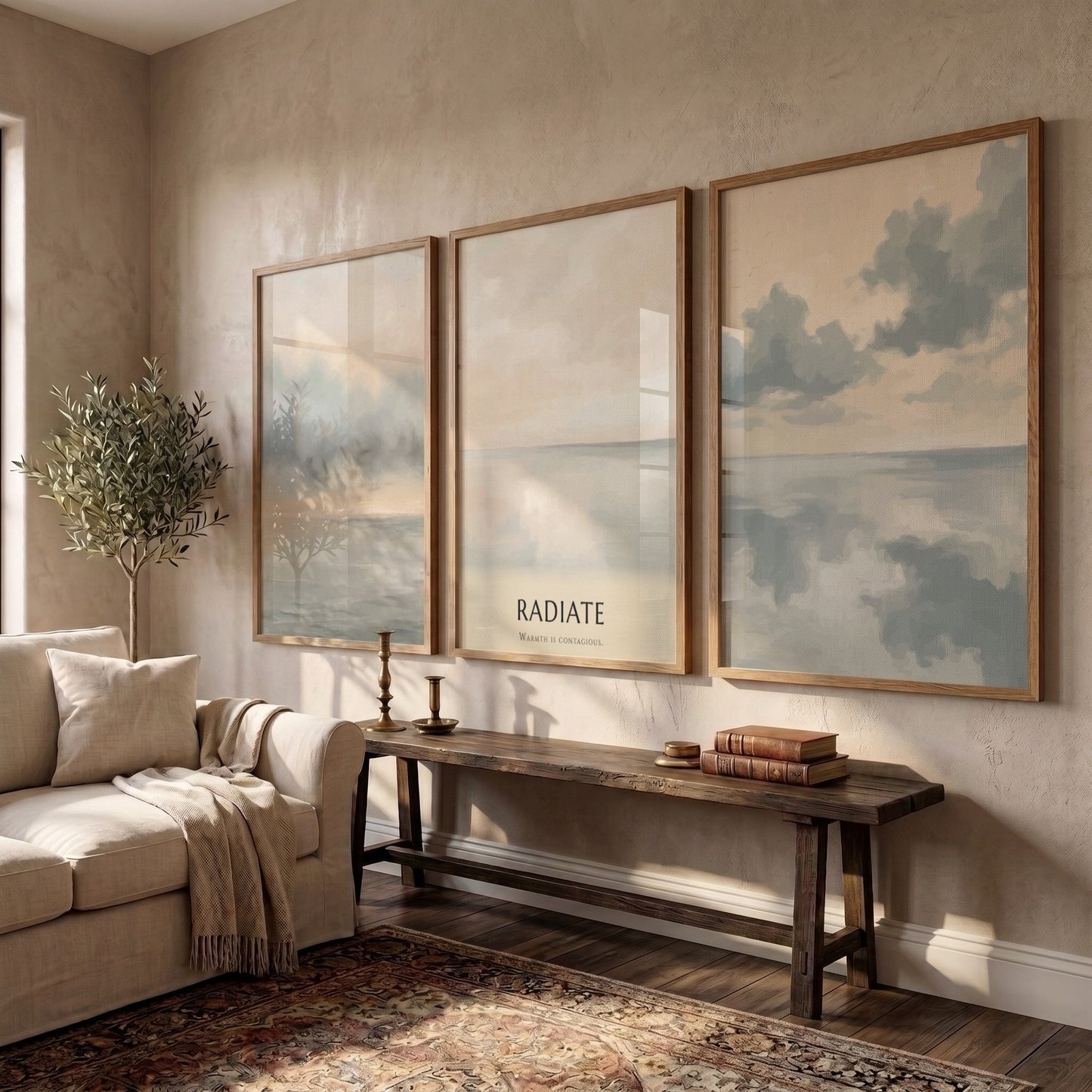 Poster featuring a minimalist coastal landscape with soft grey clouds over calm water.