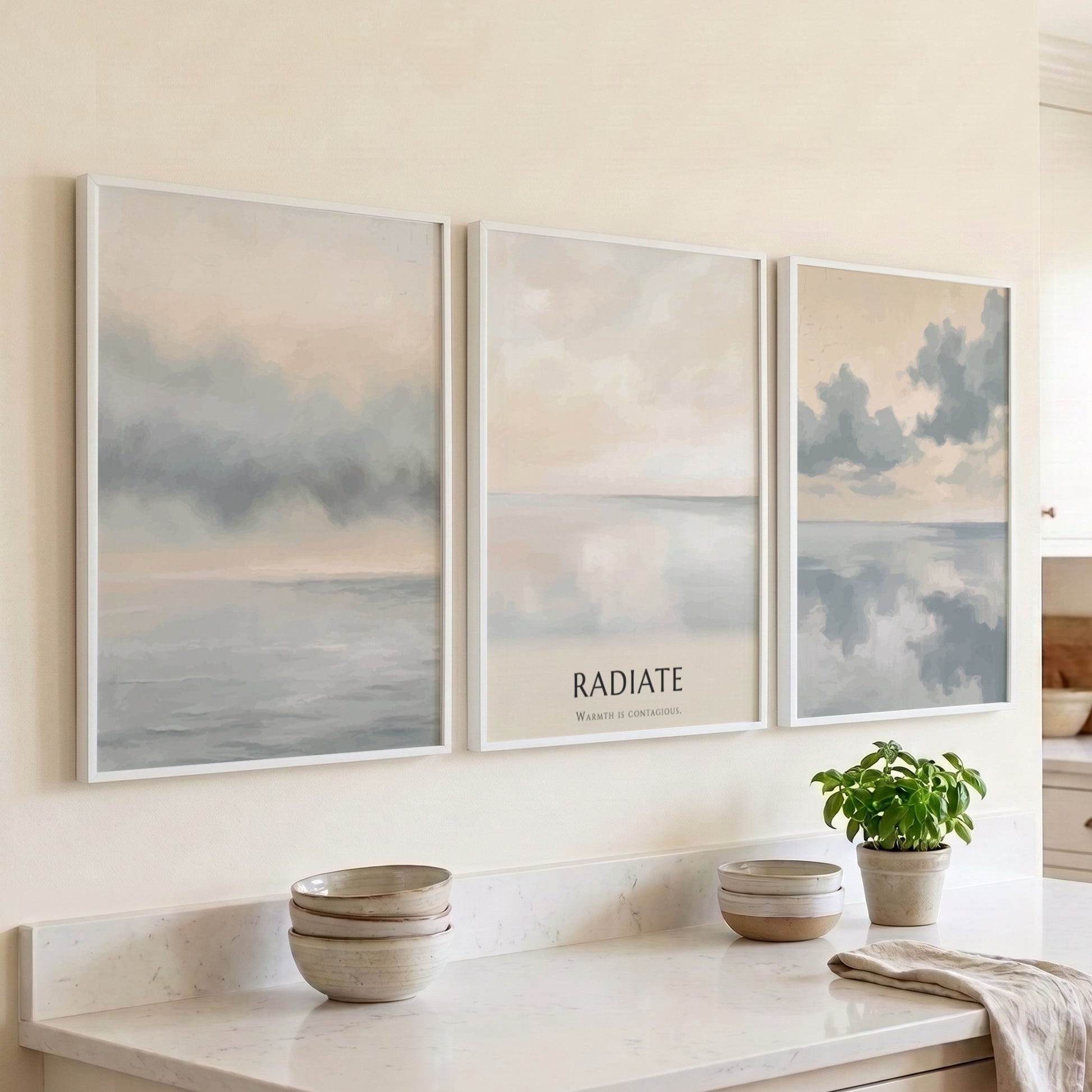Poster featuring a minimalist coastal landscape with soft grey clouds over calm water.
