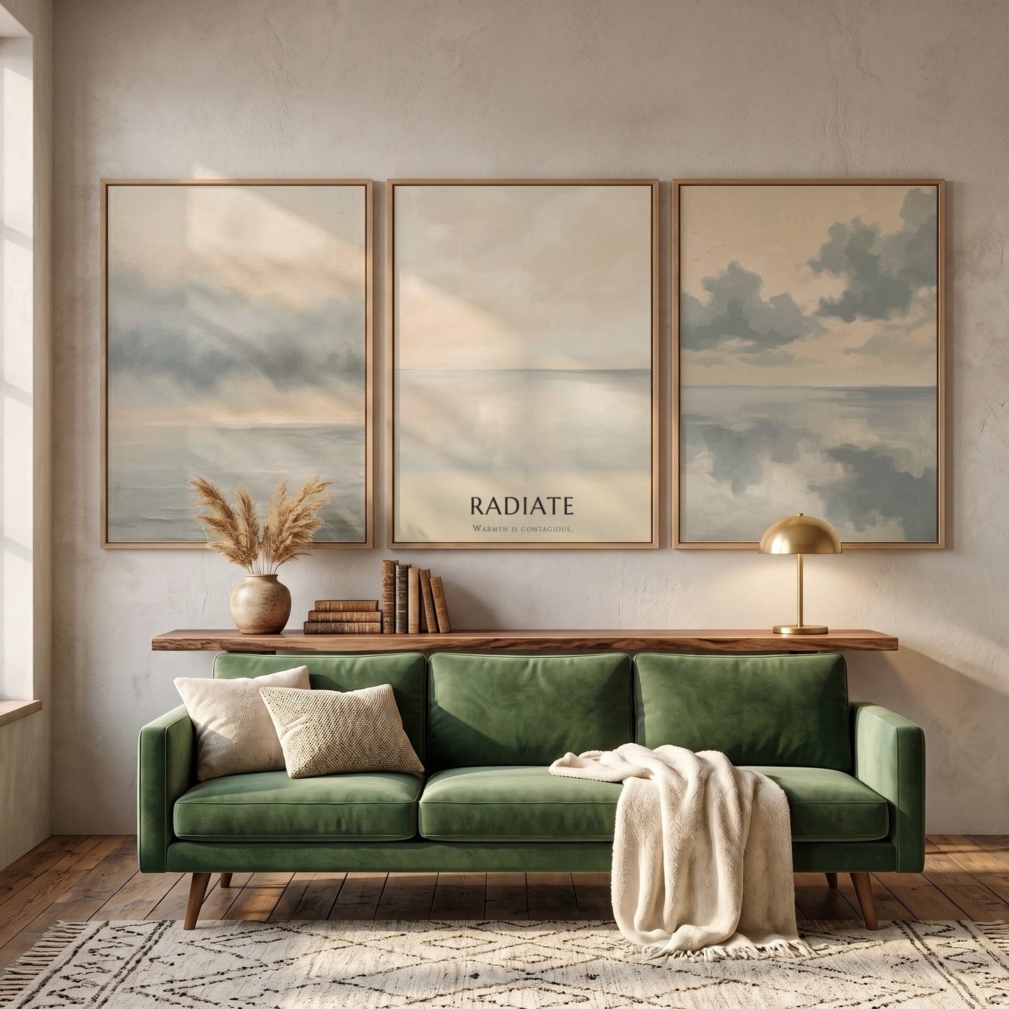 Poster featuring a minimalist coastal landscape with soft grey clouds over calm water.