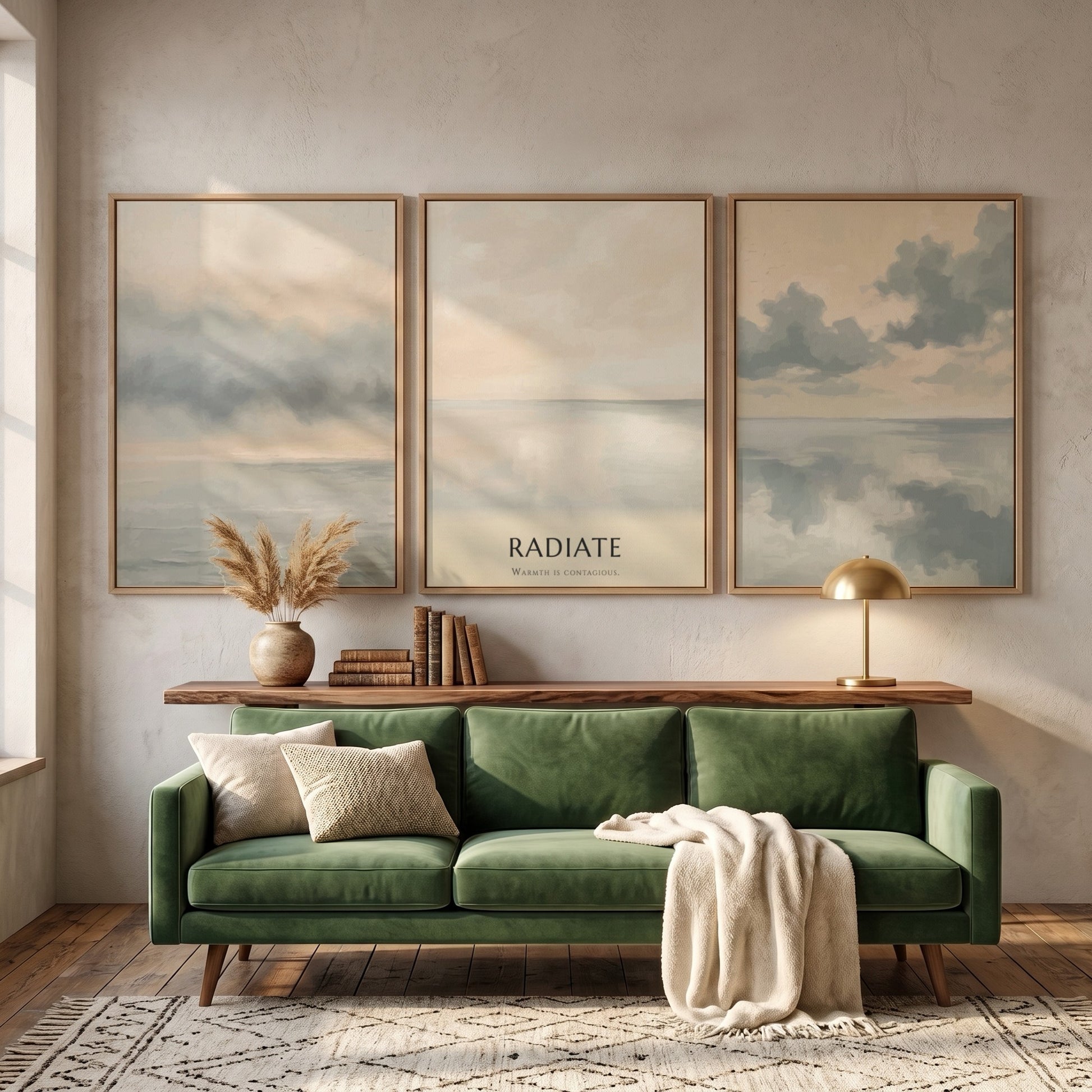 Poster featuring a minimalist coastal landscape with soft grey clouds over calm water.
