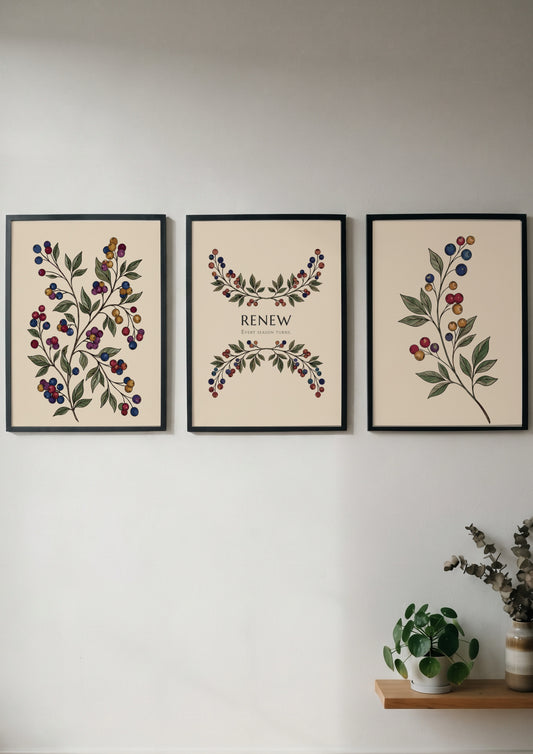 Poster set featuring three botanical illustrations of berry branches with the text RENEW displayed.