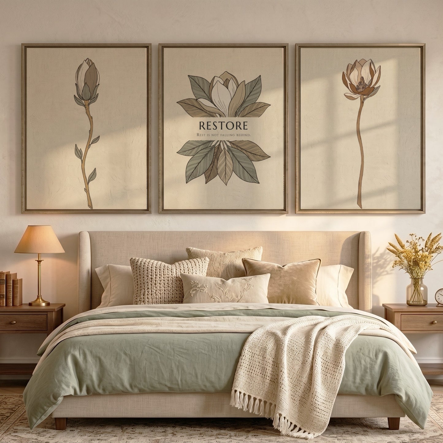 Poster set featuring three magnolia botanical illustrations in muted earth tones on beige.