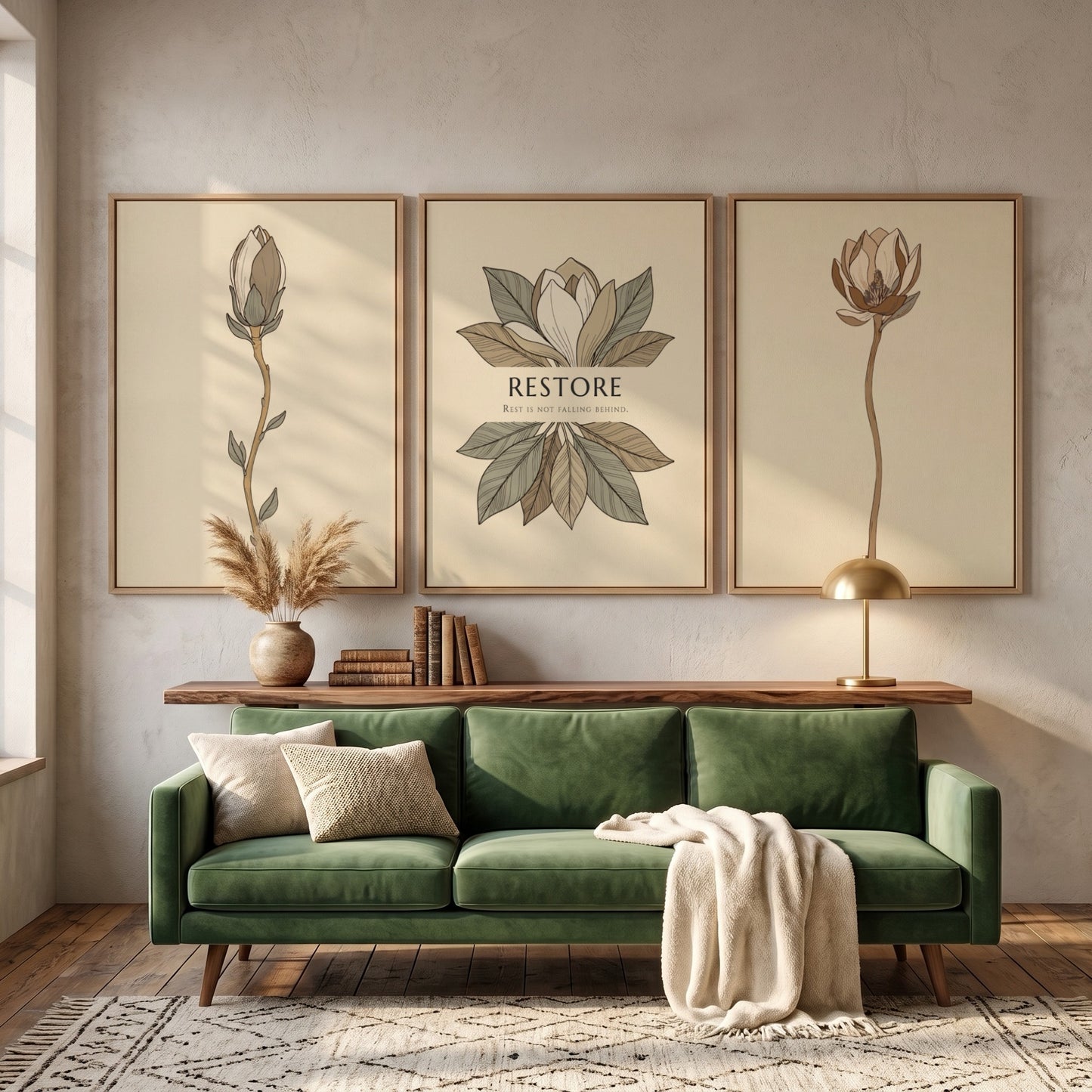 Poster set featuring three magnolia botanical illustrations in muted earth tones on beige.