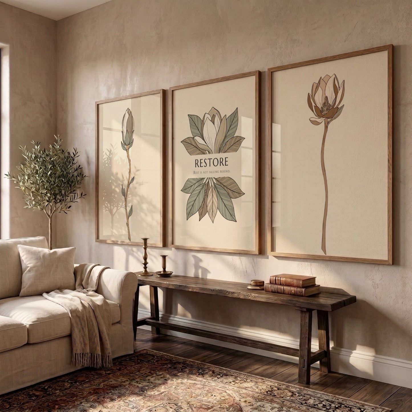 Poster set featuring three magnolia botanical illustrations in muted earth tones on beige.