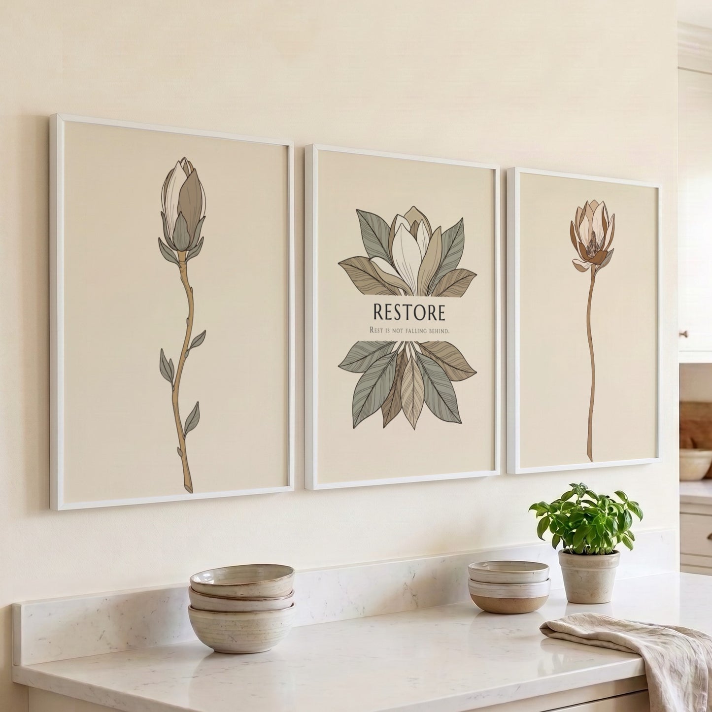 Poster set featuring three magnolia botanical illustrations in muted earth tones on beige.