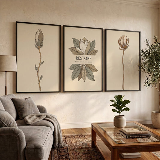 Poster set featuring three magnolia botanical illustrations in muted earth tones on beige.