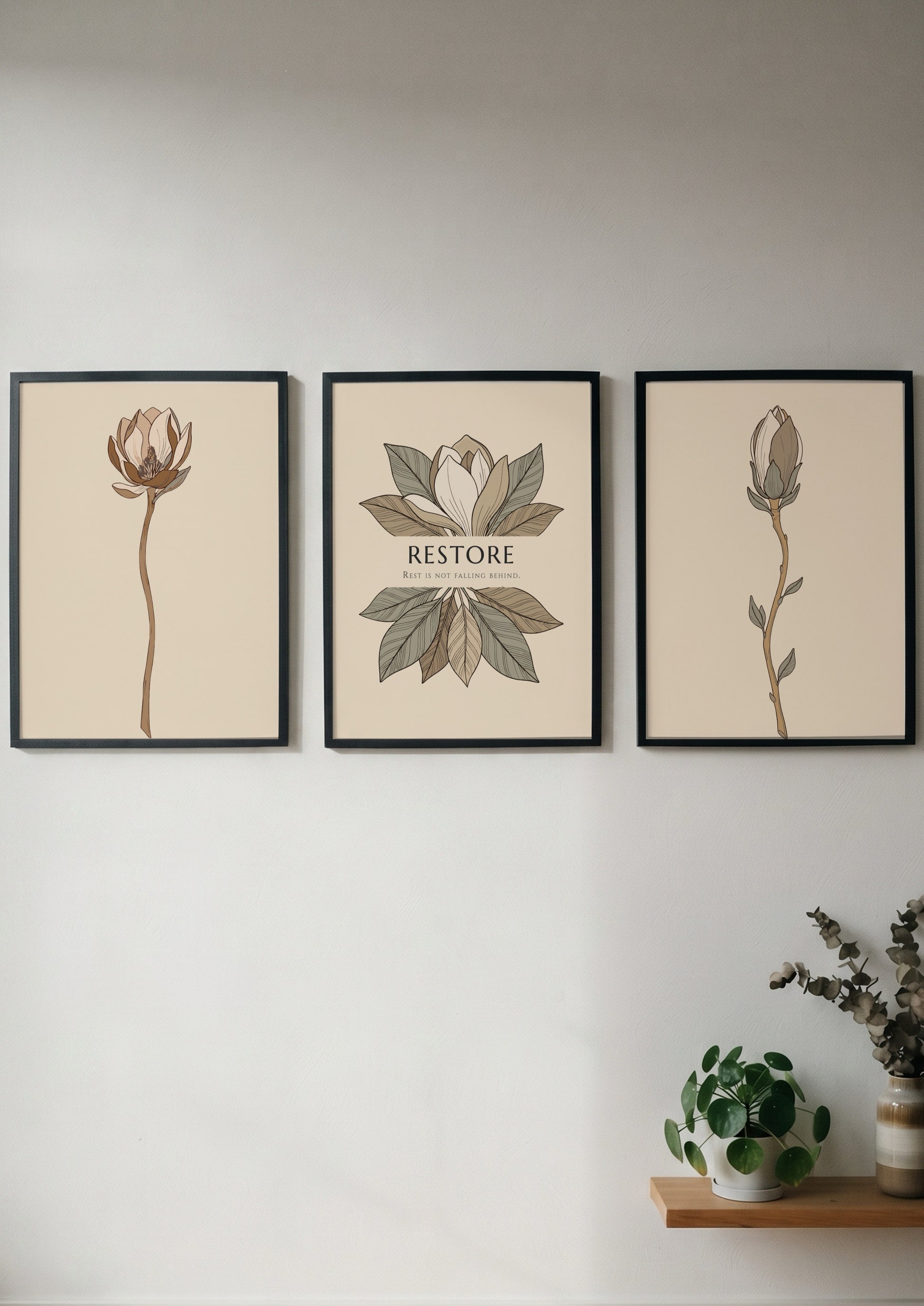 Poster set featuring three magnolia botanical illustrations in muted earth tones on beige.