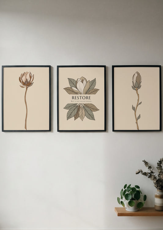 Poster set featuring three magnolia botanical illustrations in muted earth tones on beige.