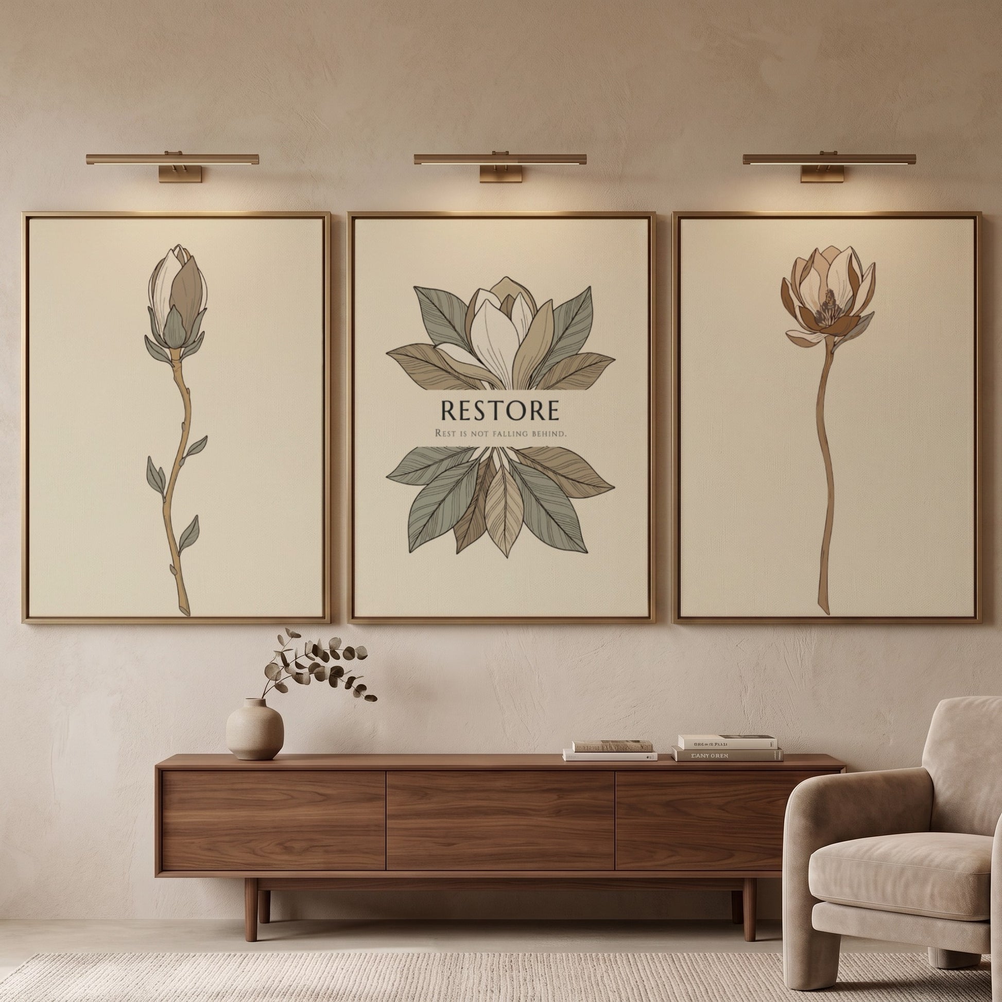 Poster set featuring three magnolia botanical illustrations in muted earth tones on beige.