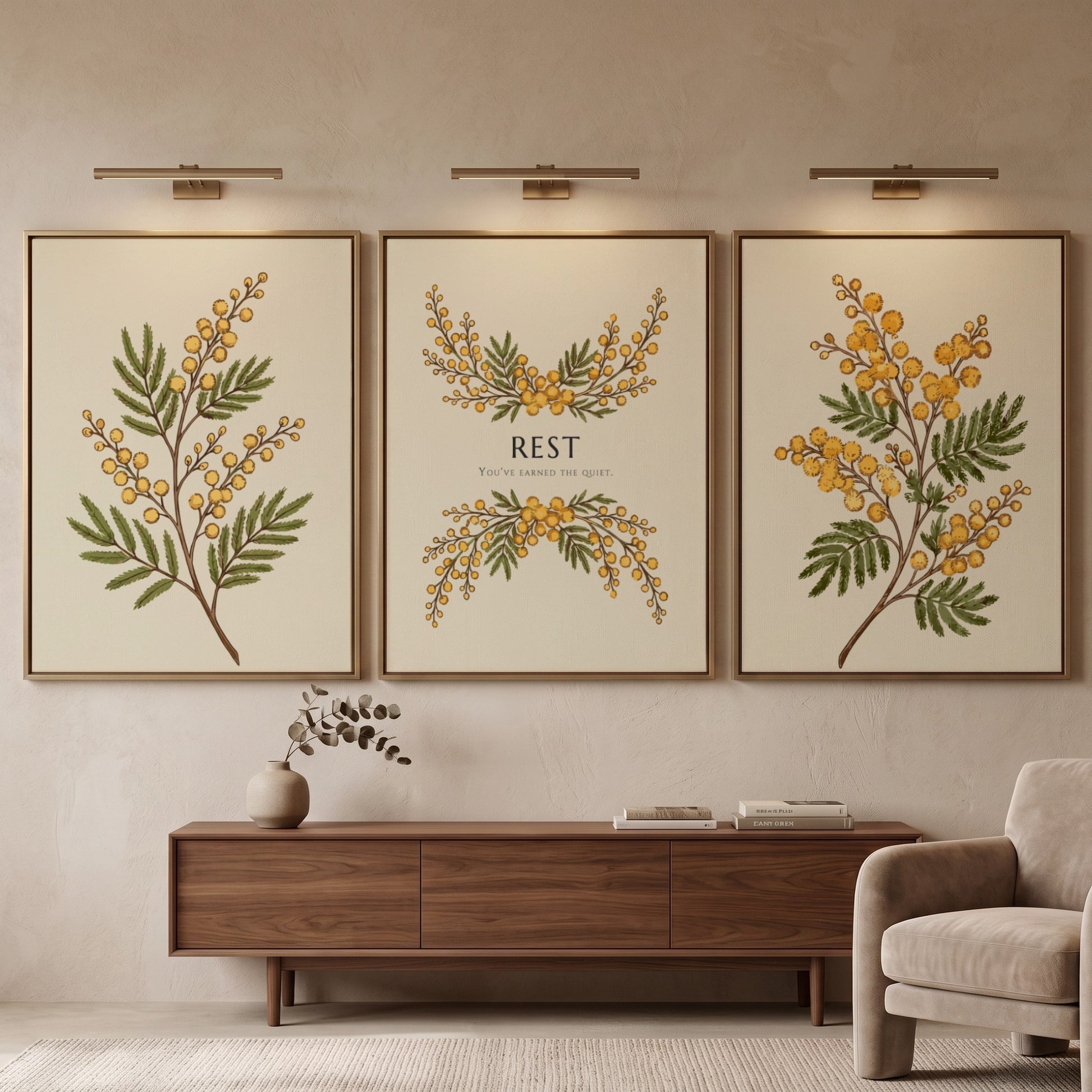 Poster triptych featuring delicate yellow mimosa flowers and the word REST on cream.