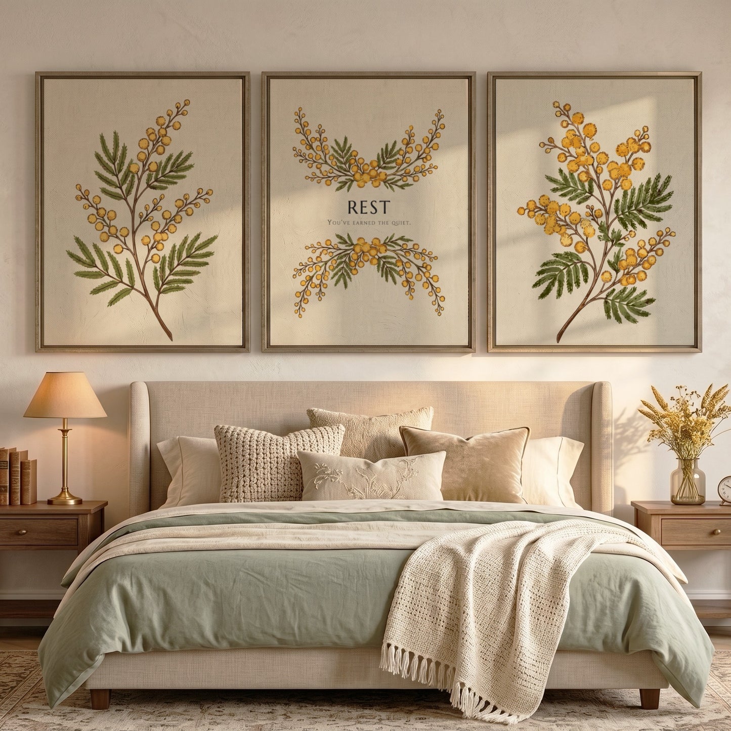 Poster triptych featuring delicate yellow mimosa flowers and the word REST on cream.