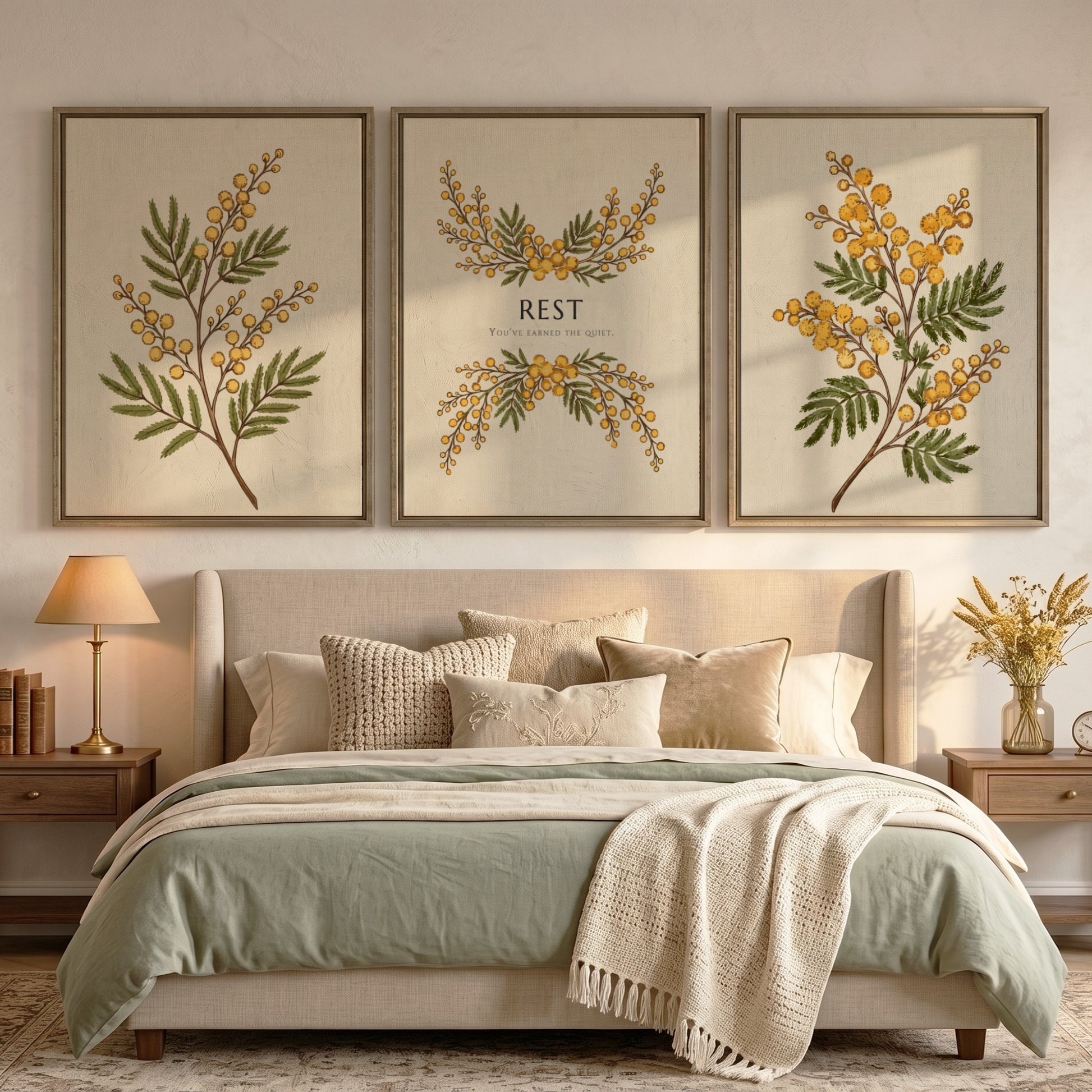 Poster triptych featuring delicate yellow mimosa flowers and the word REST on cream.