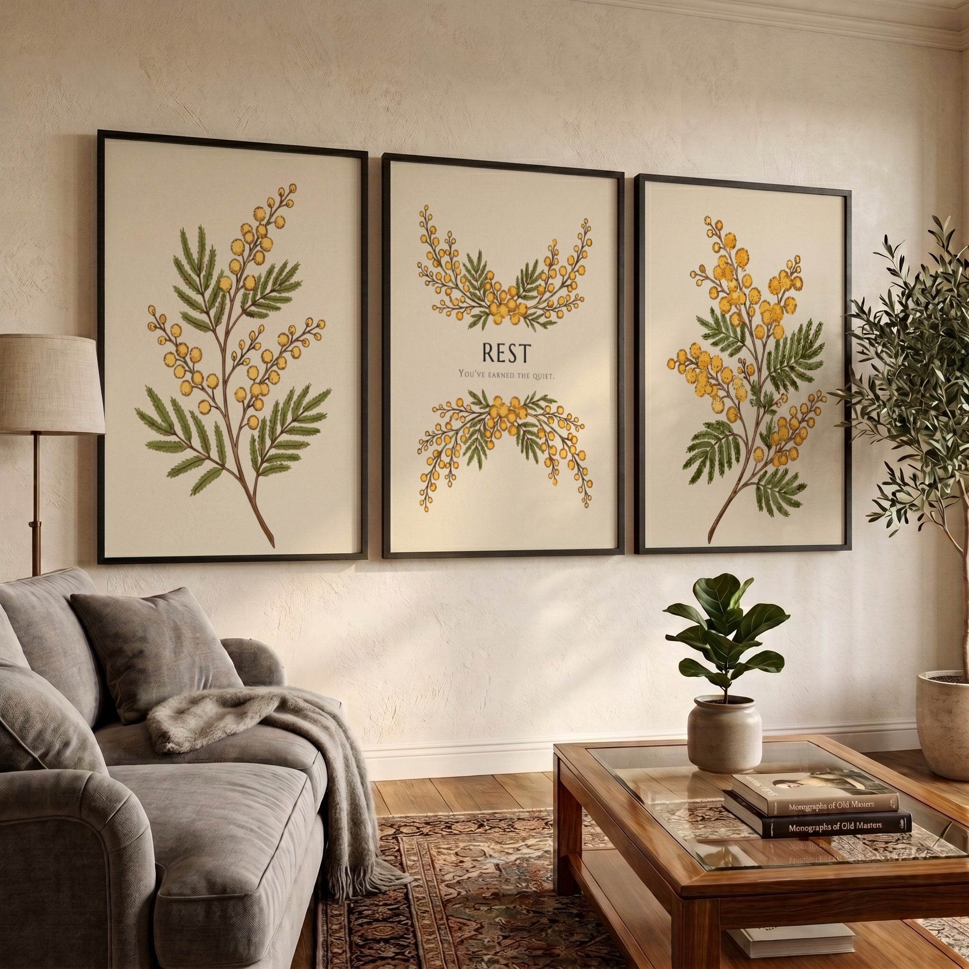 Poster triptych featuring delicate yellow mimosa flowers and the word REST on cream.