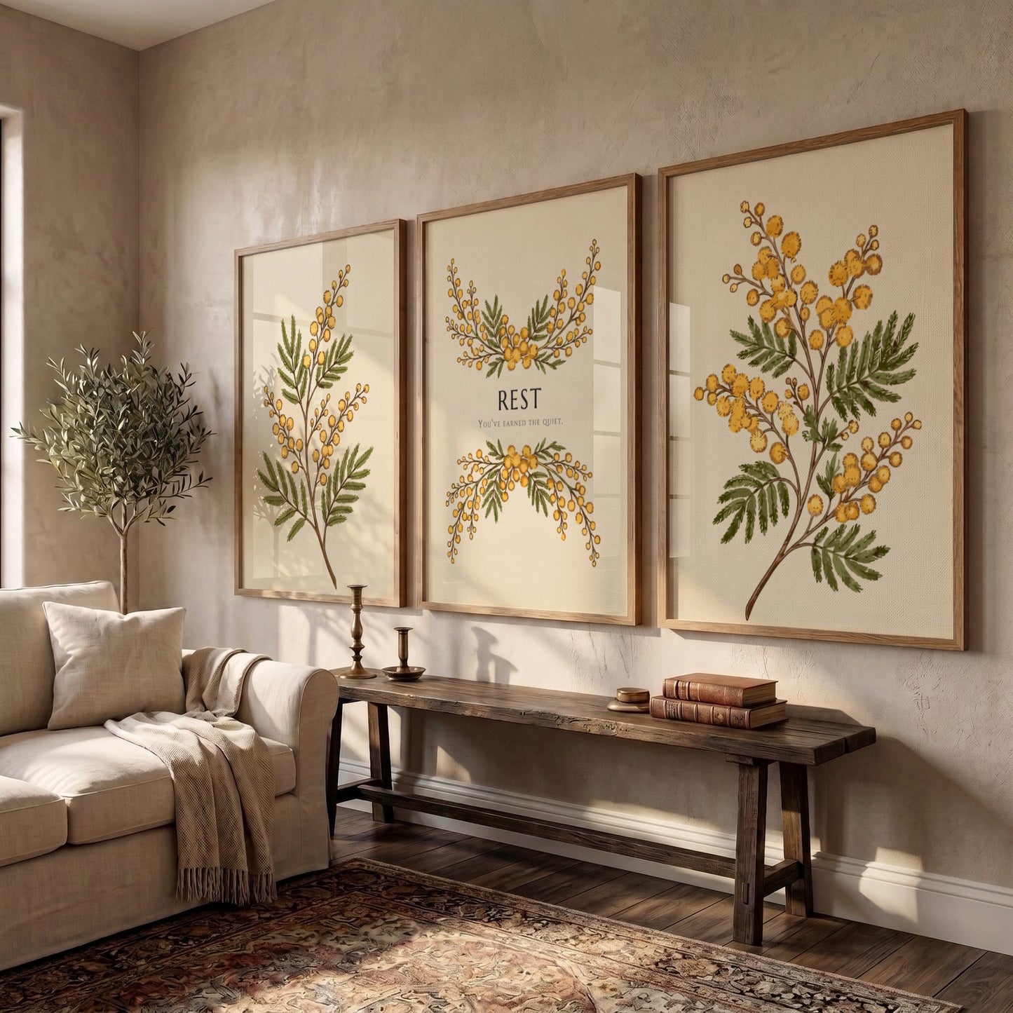 Poster triptych featuring delicate yellow mimosa flowers and the word REST on cream.