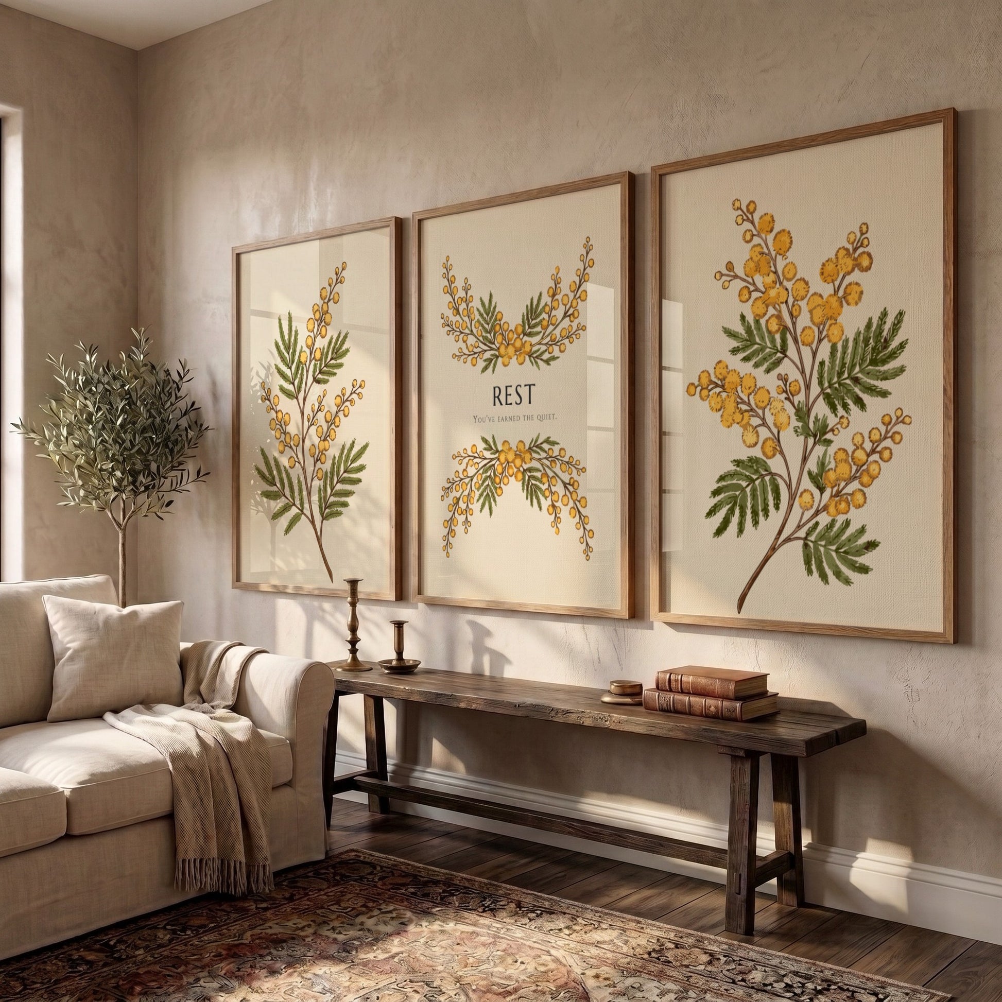 Poster triptych featuring delicate yellow mimosa flowers and the word REST on cream.