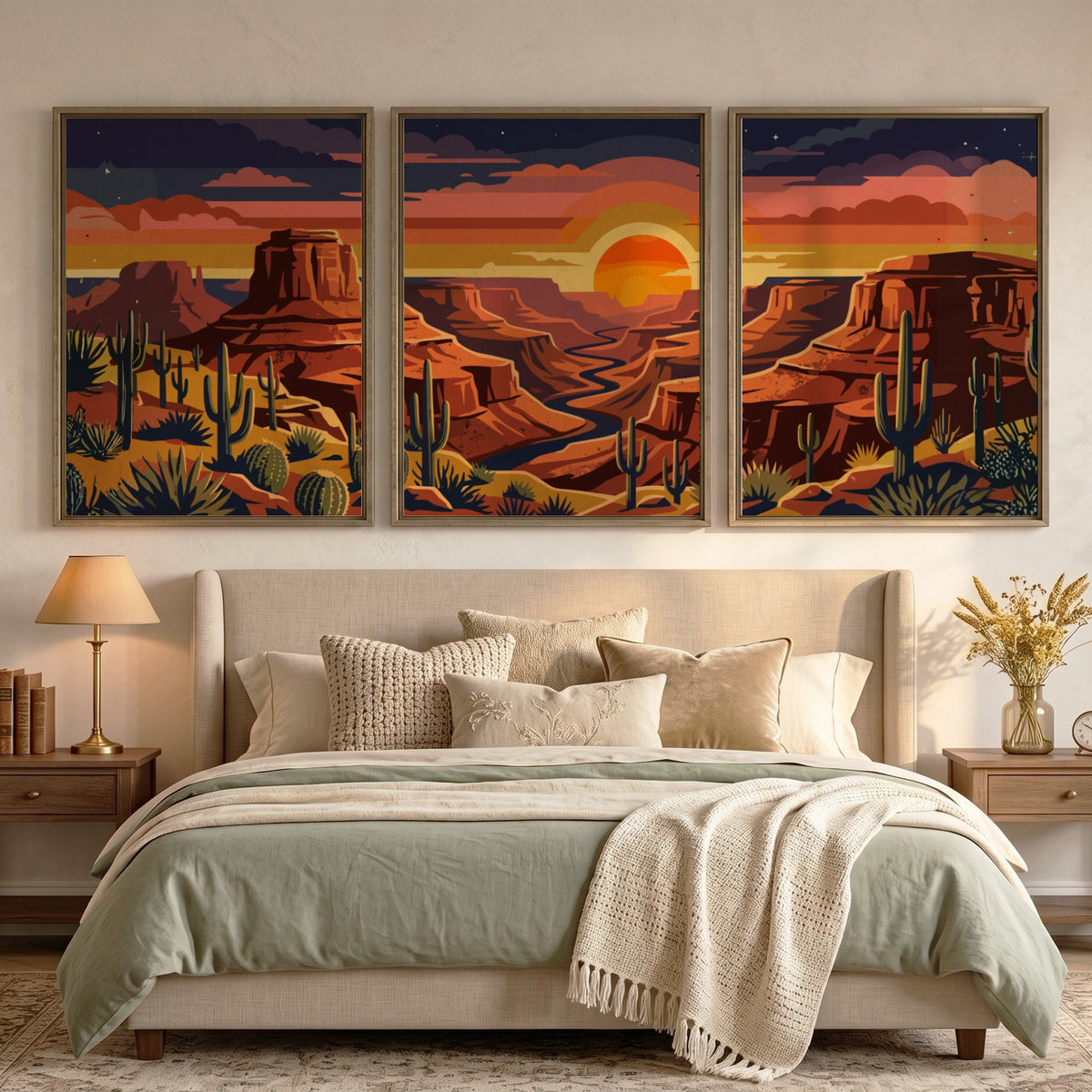 Three framed desert landscape prints featuring red canyons, saguaro cacti, and sunset skies.