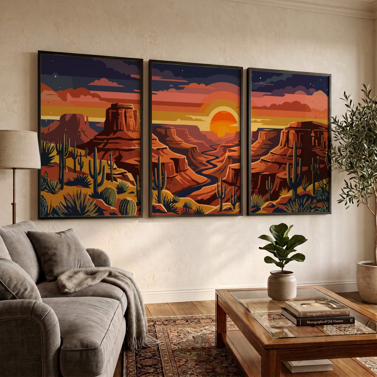 Three framed desert landscape prints featuring red canyons, saguaro cacti, and sunset skies.