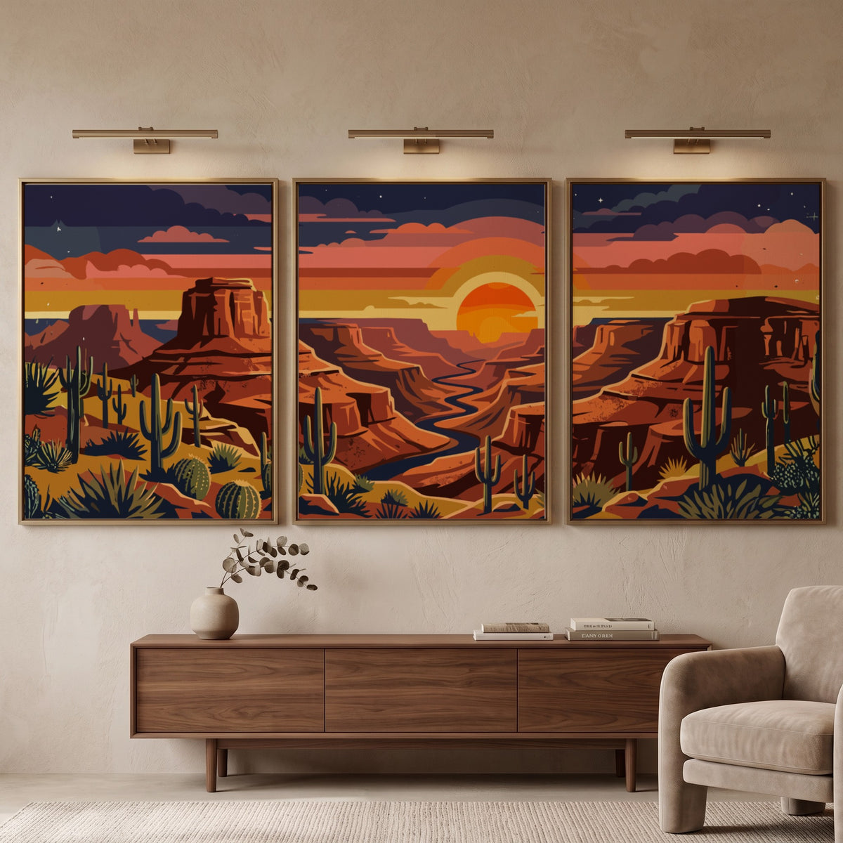 Three framed desert landscape prints featuring red canyons, saguaro cacti, and sunset skies.