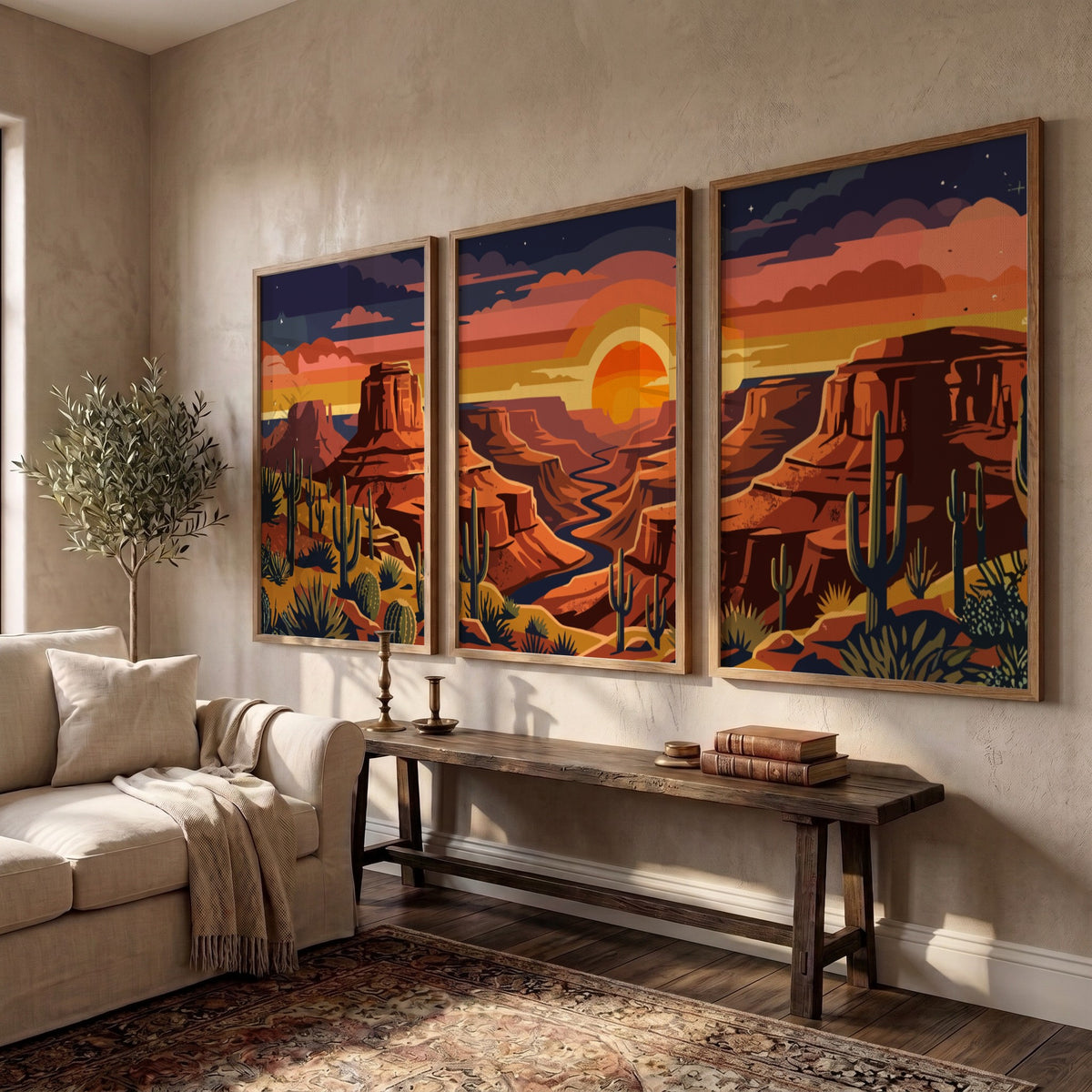 Three framed desert landscape prints featuring red canyons, saguaro cacti, and sunset skies.