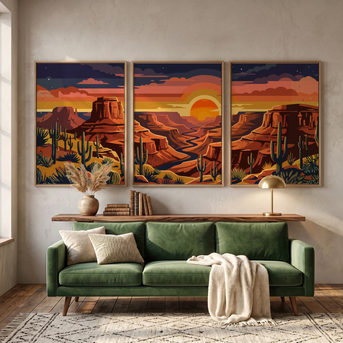 Three framed desert landscape prints featuring red canyons, saguaro cacti, and sunset skies.