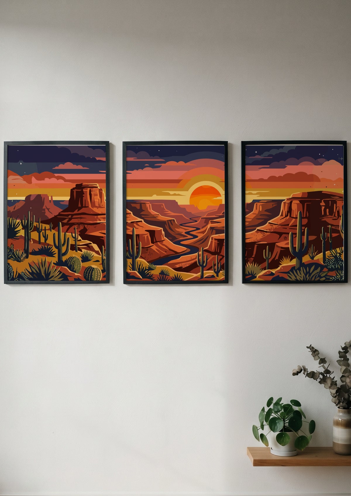 Three framed desert landscape prints featuring red canyons, saguaro cacti, and sunset skies.