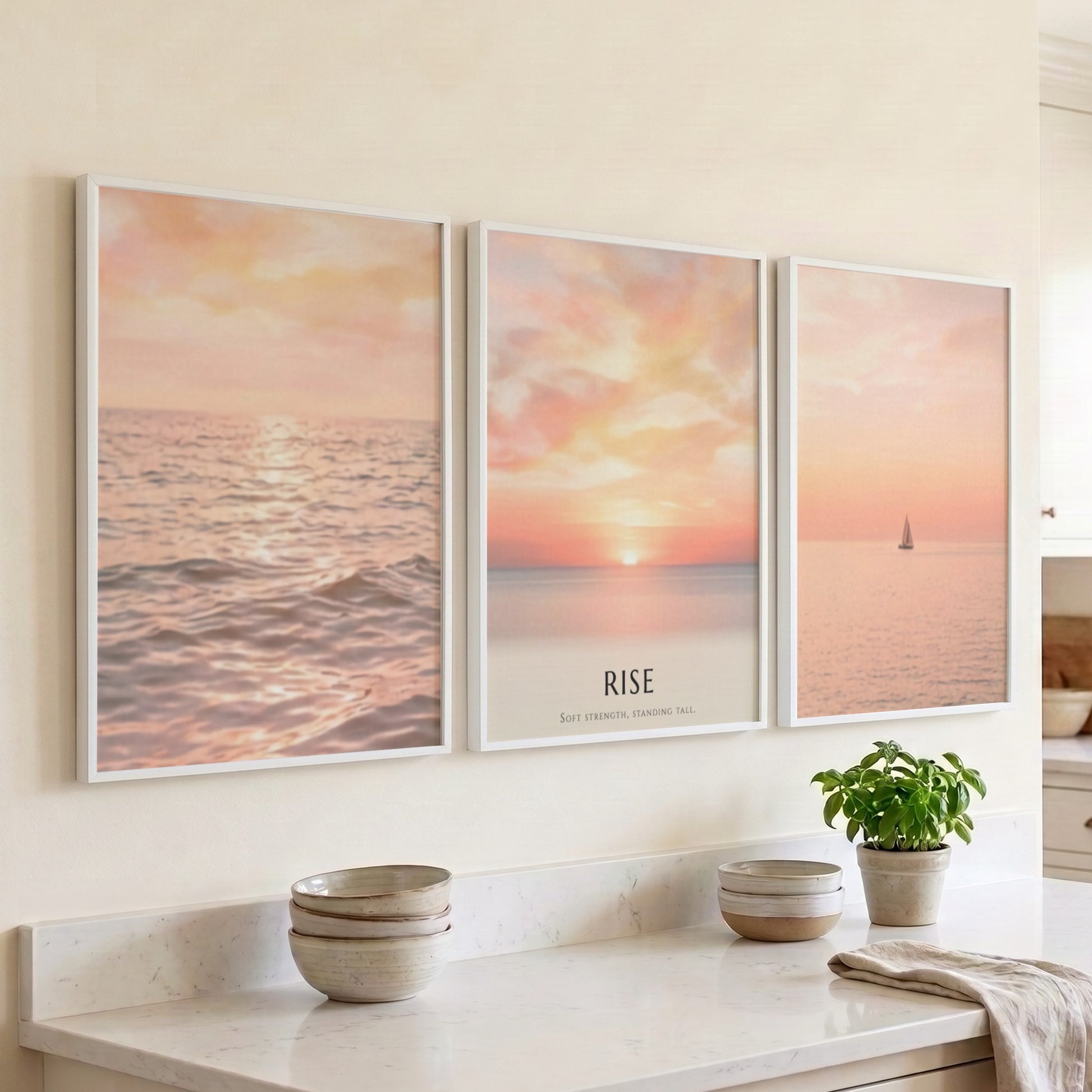 Poster triptych showing a sunrise over the ocean with a sailboat and text