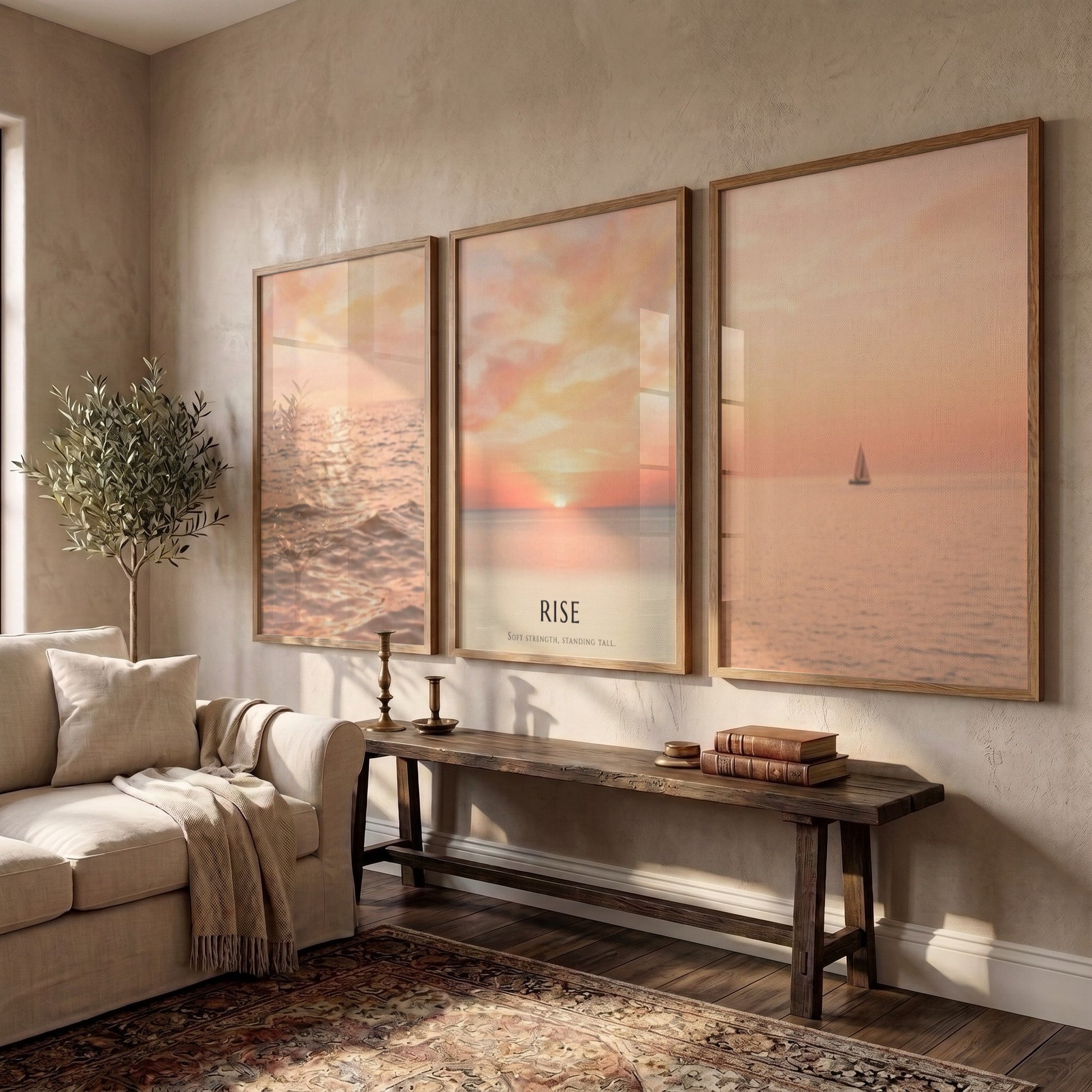 Poster triptych showing a sunrise over the ocean with a sailboat and text