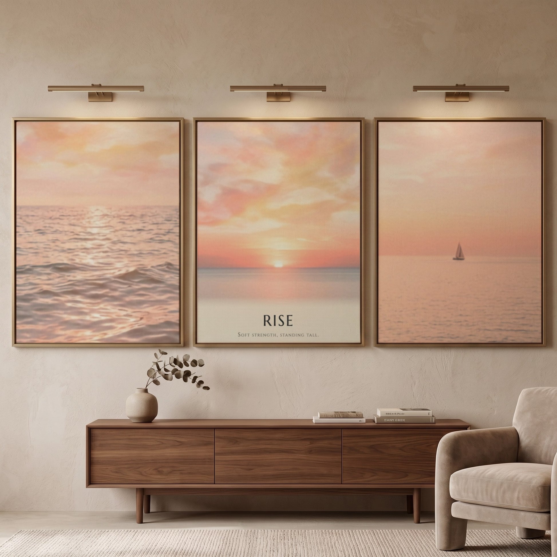 Poster triptych showing a sunrise over the ocean with a sailboat and text